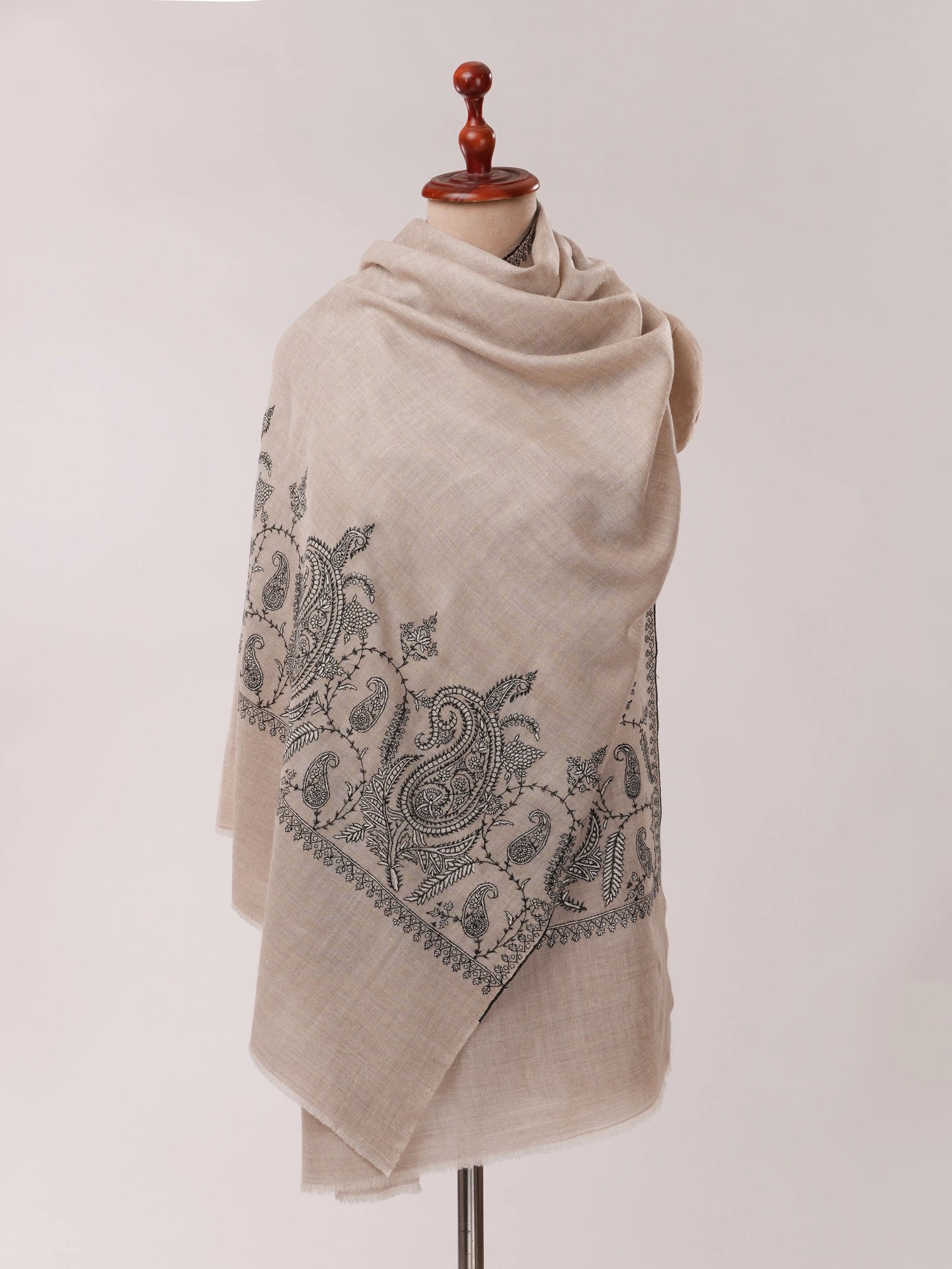 Natural Grey Cashmere Scarf with Palla Paisley Hand Embroidery Shahkaar.com