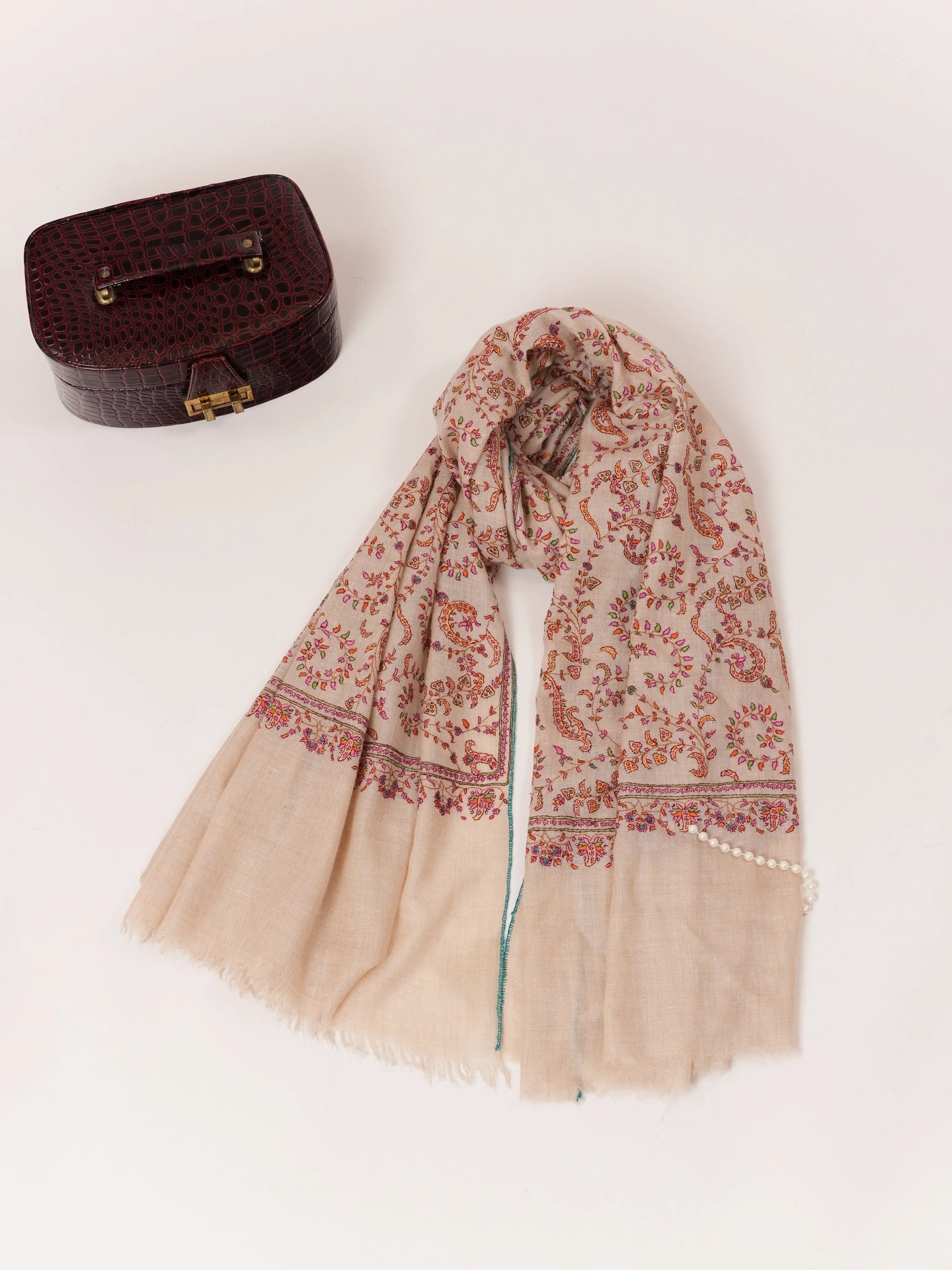 Natural Off White Hand Embroidered Pure Pashmina Shawl Shahkaar.com