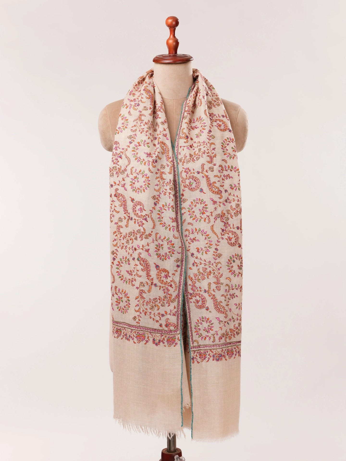 Natural Off White Hand Embroidered Pure Pashmina Shawl Shahkaar.com