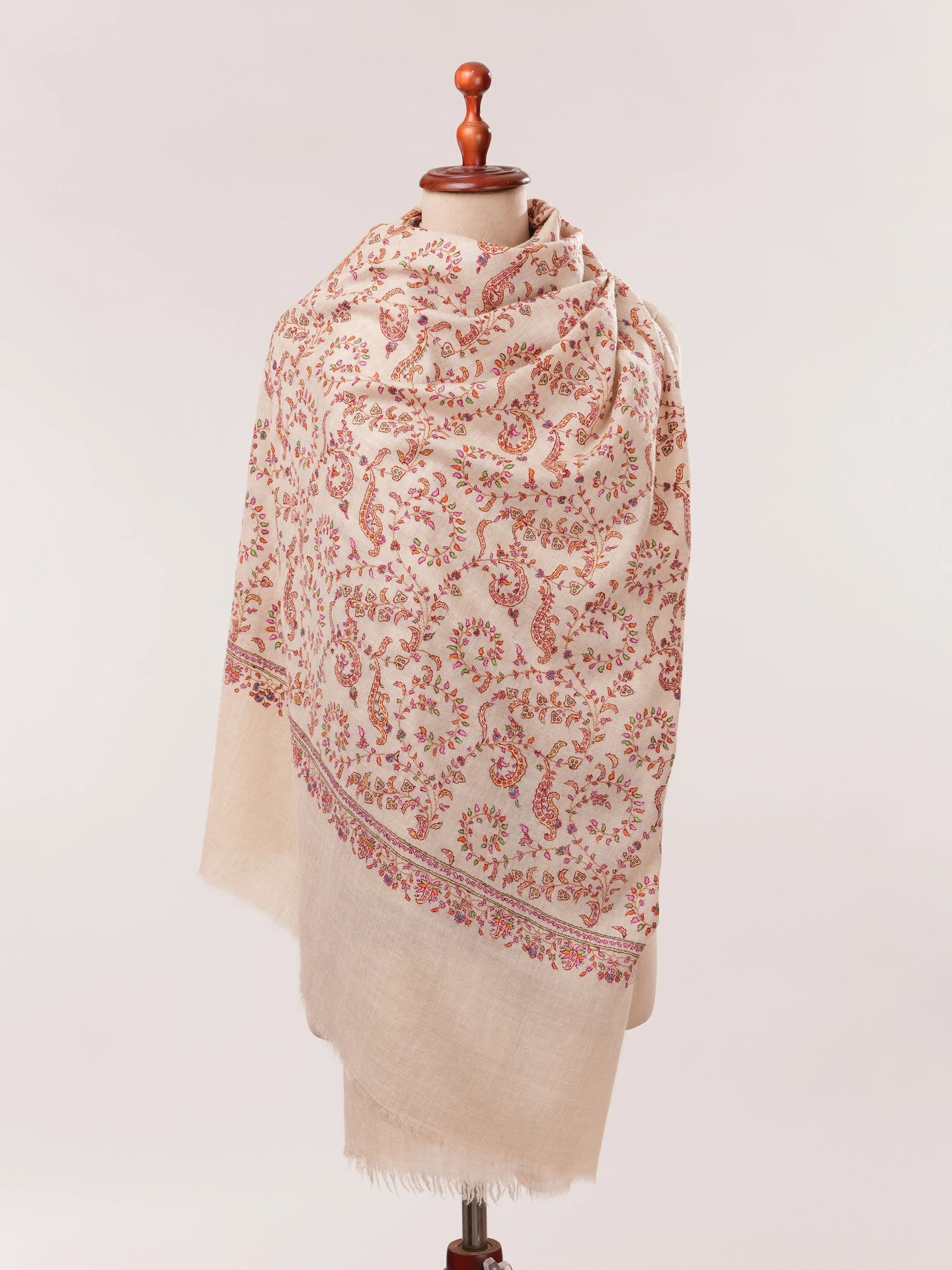 Natural Off White Hand Embroidered Pure Pashmina Shawl Shahkaar.com