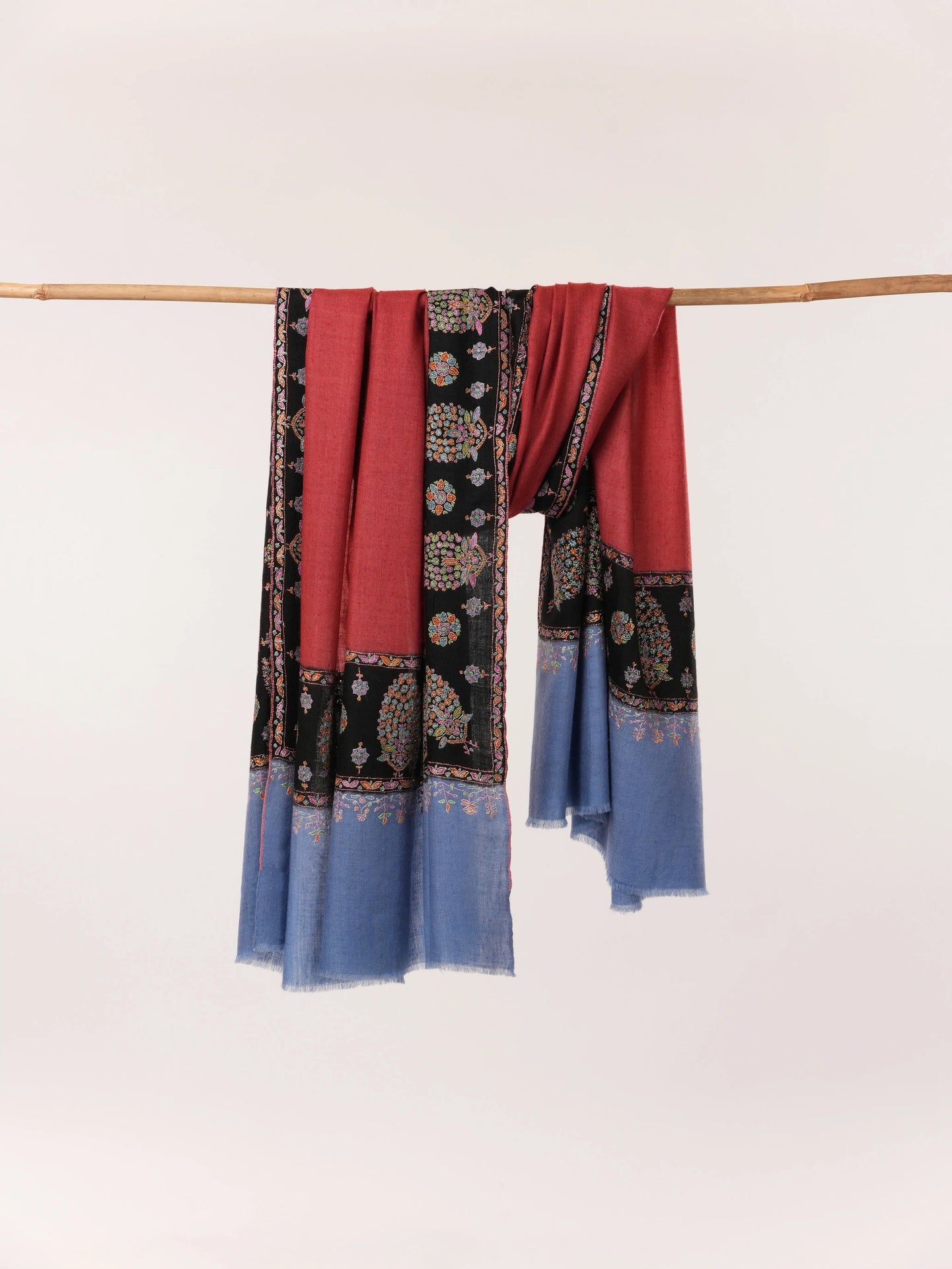 Luxurious Kalandaur Handwoven Kashmiri Shawl with Hand Sozni Border Embroidery In Red Black and Blue Shahkaar.com