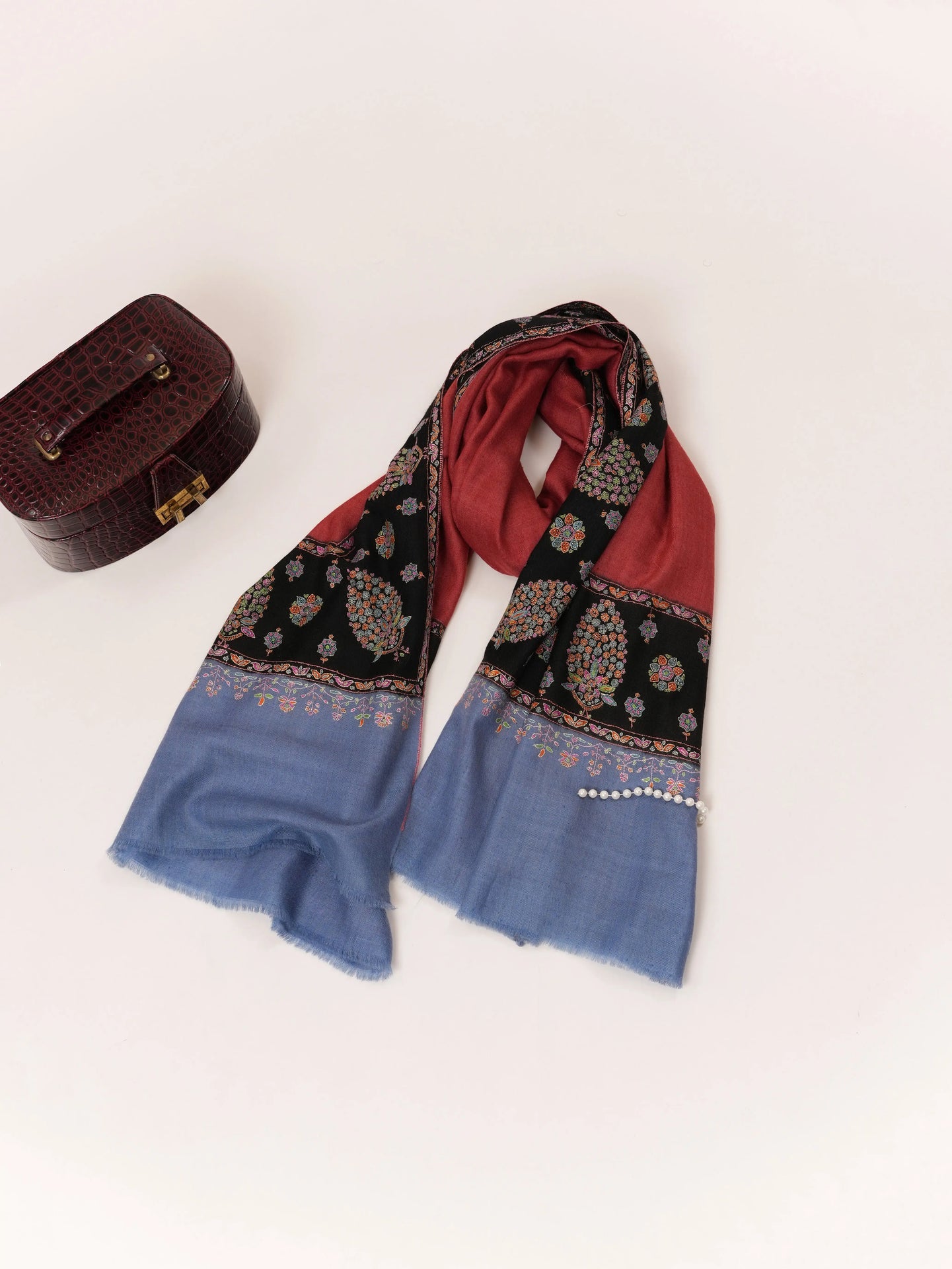 Luxurious Kalandaur Handwoven Kashmiri Shawl with Hand Sozni Border Embroidery In Red Black and Blue Shahkaar.com