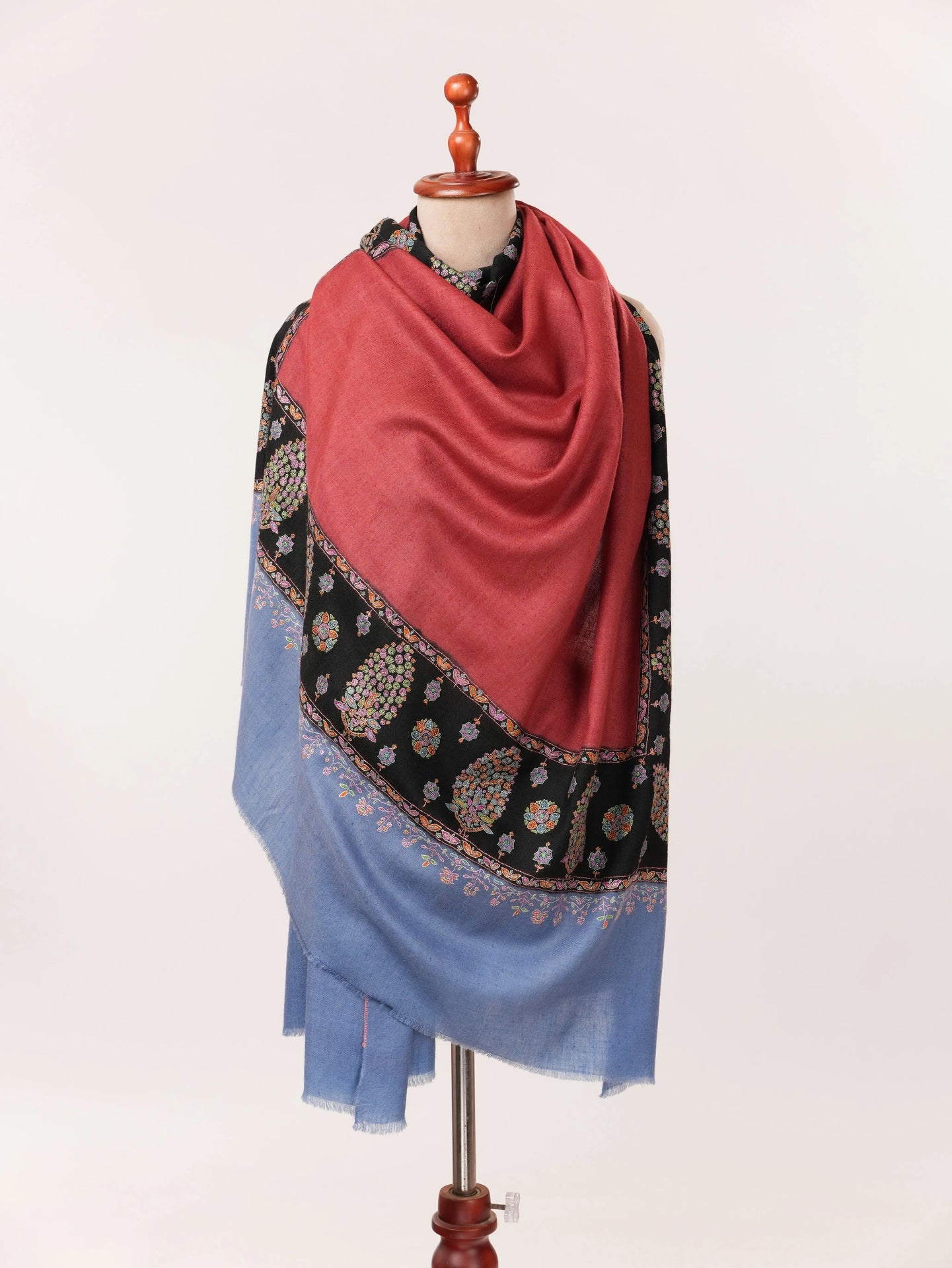 Luxurious Kalandaur Handwoven Kashmiri Shawl with Hand Sozni Border Embroidery In Red Black and Blue Shahkaar.com