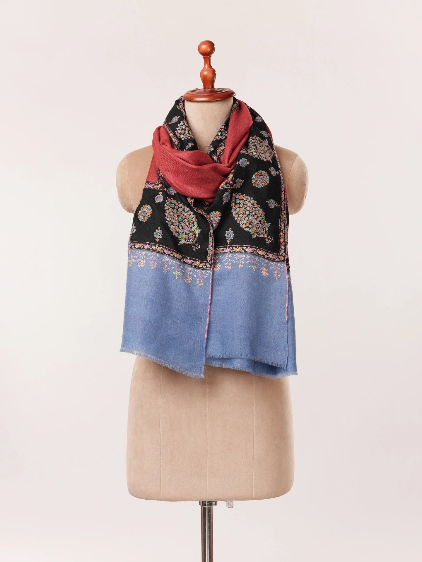 Luxurious Kalandaur Handwoven Kashmiri Shawl with Hand Sozni Border Embroidery In Red Black and Blue Shahkaar.com