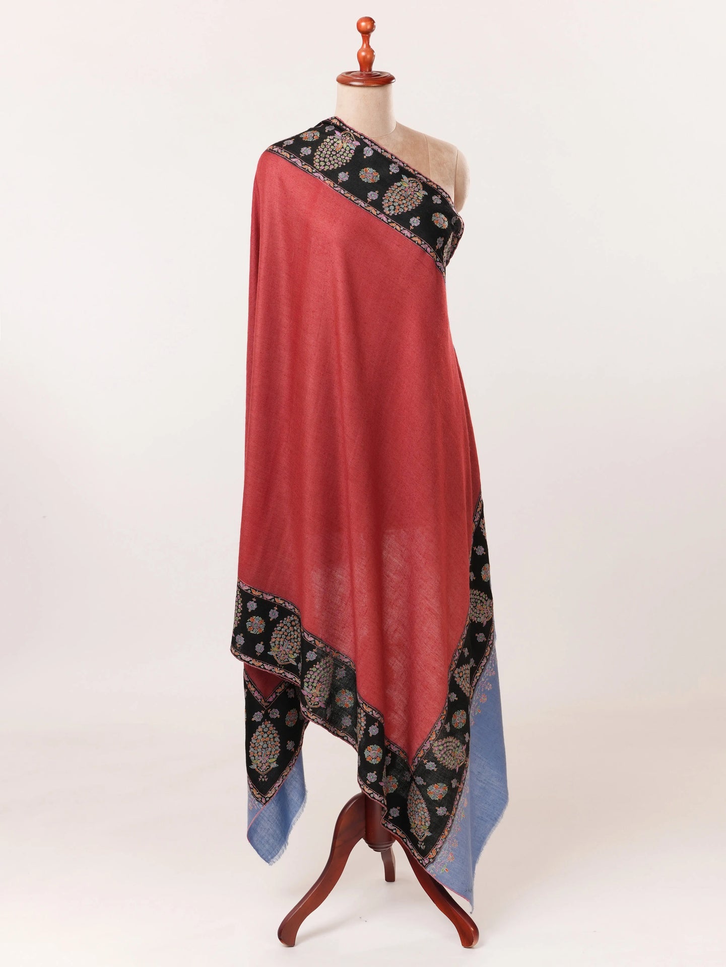 Luxurious Kalandaur Handwoven Kashmiri Shawl with Hand Sozni Border Embroidery In Red Black and Blue Shahkaar.com