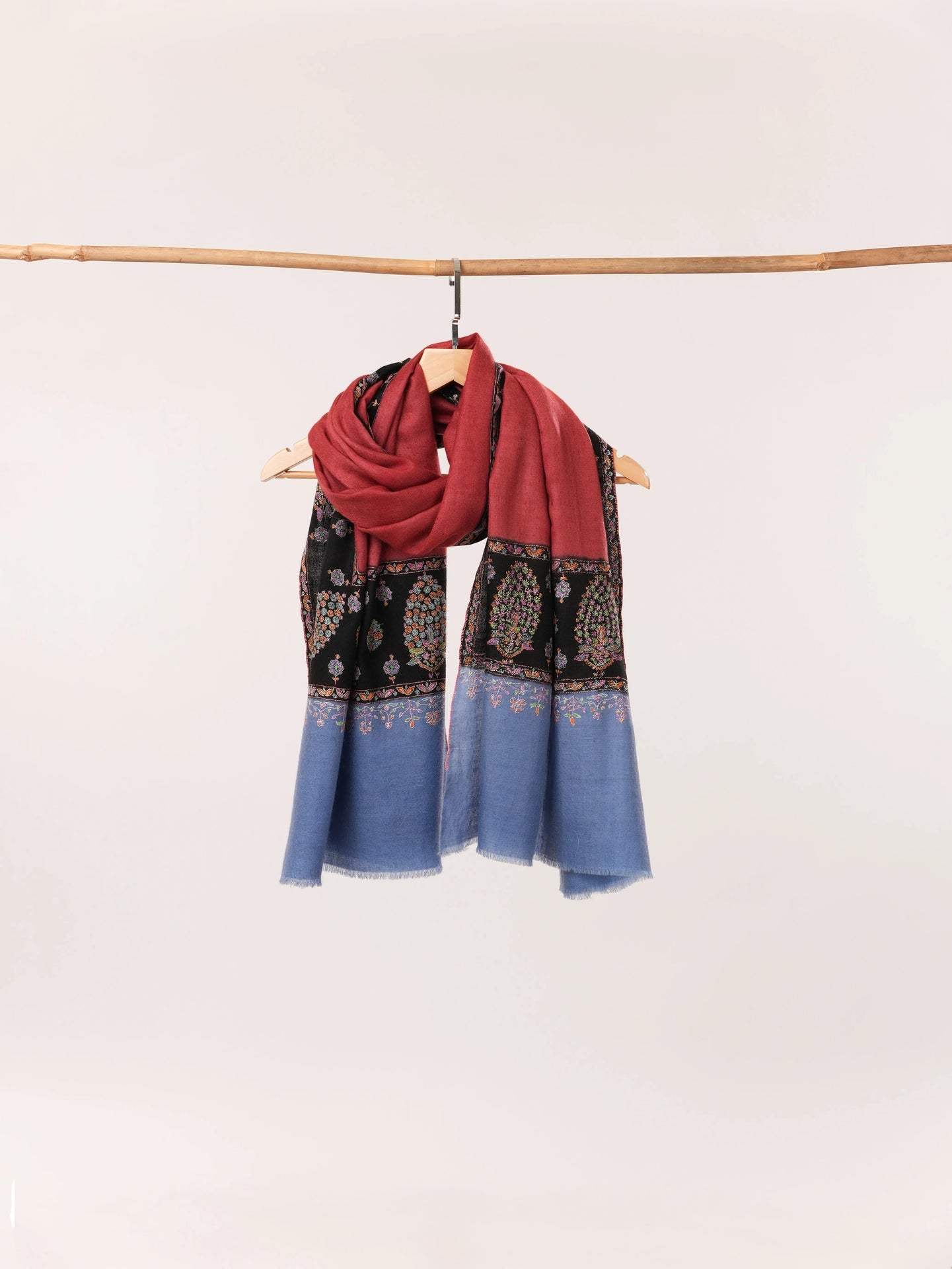 Luxurious Kalandaur Handwoven Kashmiri Shawl with Hand Sozni Border Embroidery In Red Black and Blue Shahkaar.com