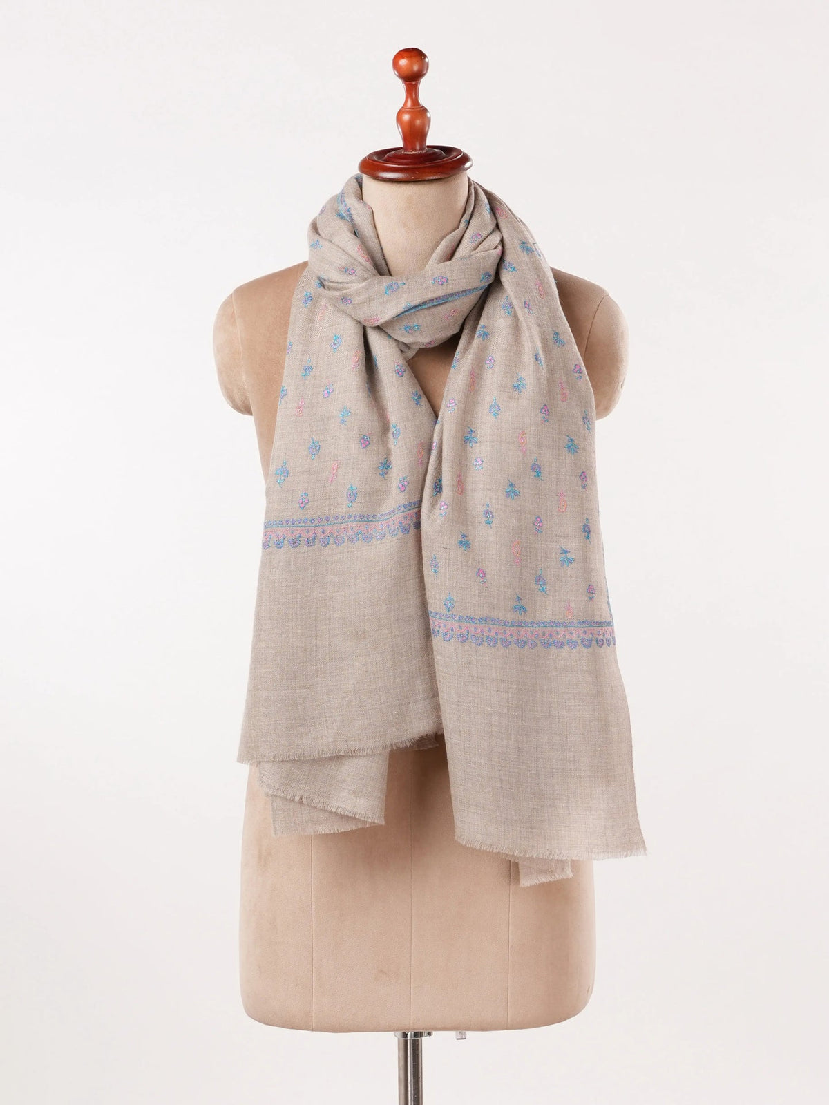 Natural Beige Classic Handwoven Pashmina Shawl with Buteh Hand Embroidery