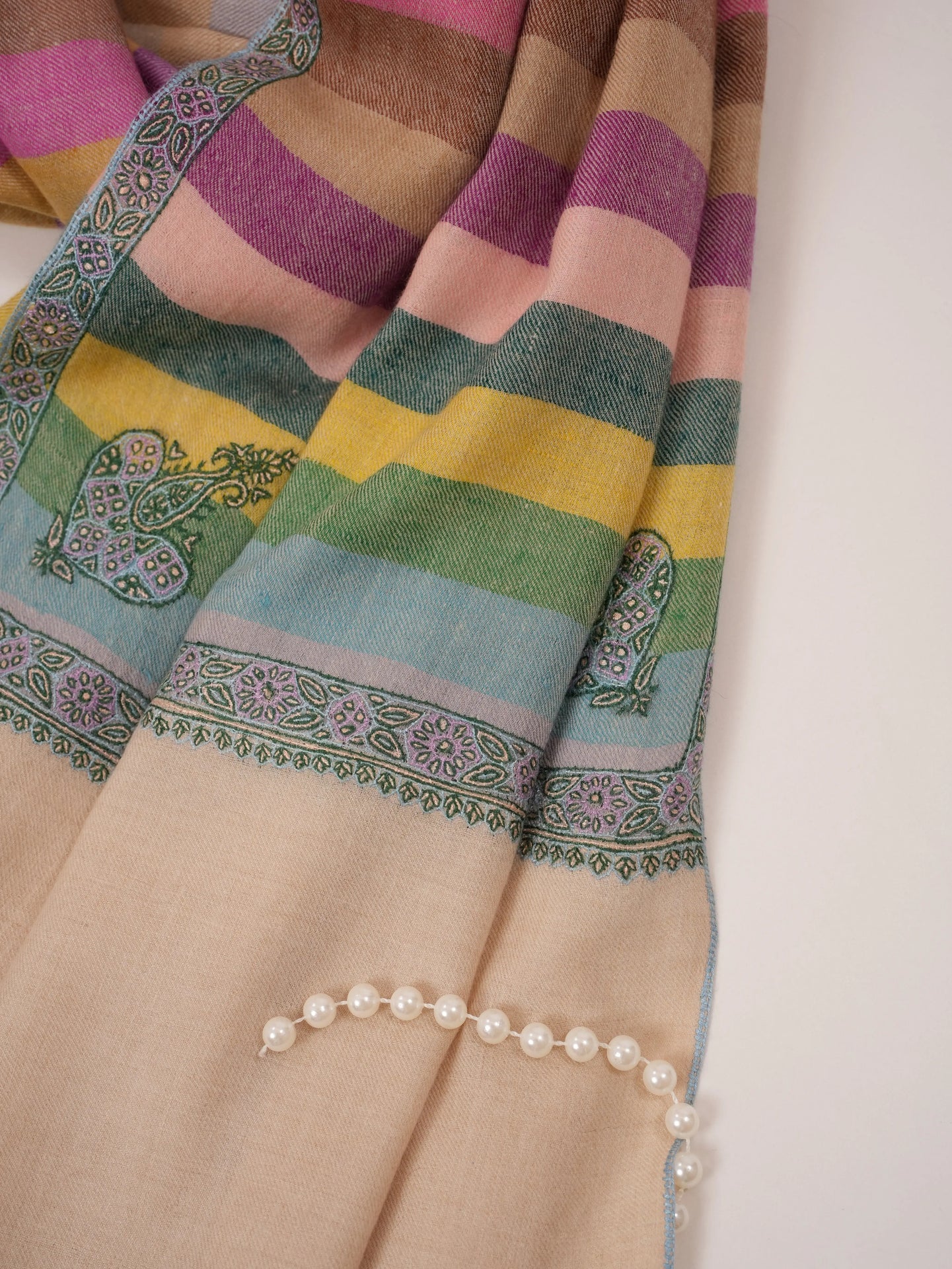 Kashmiri Handwoven Soft Stripe Pashmina Shawl with Hashia Embroidery Shahkaar.com