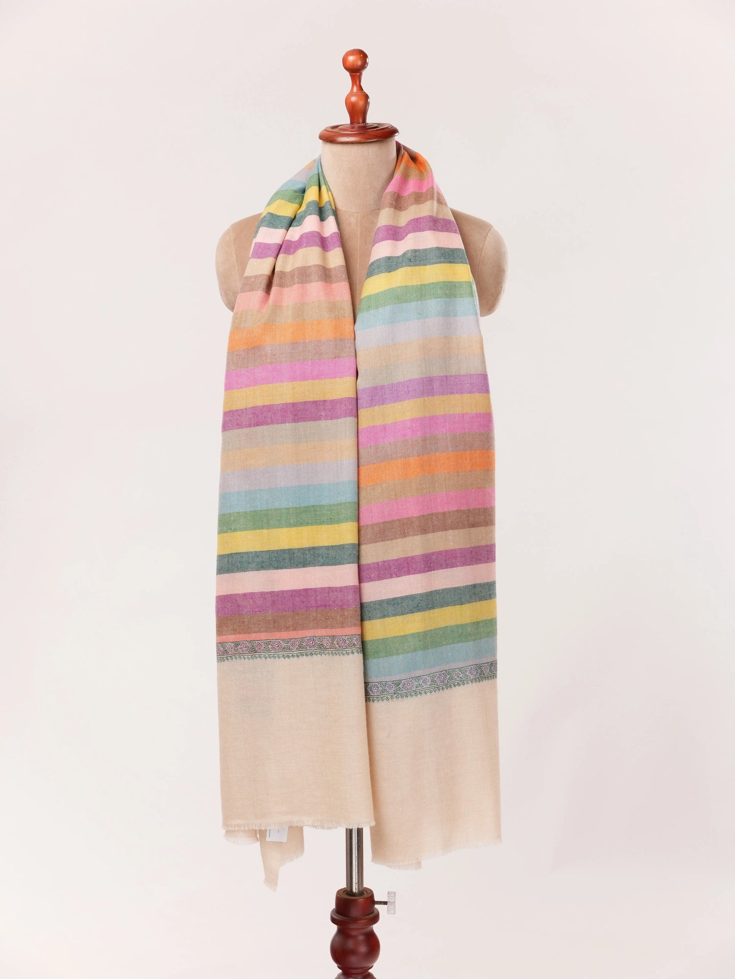 Kashmiri Handwoven Soft Stripe Pashmina Shawl with Hashia Embroidery Shahkaar.com