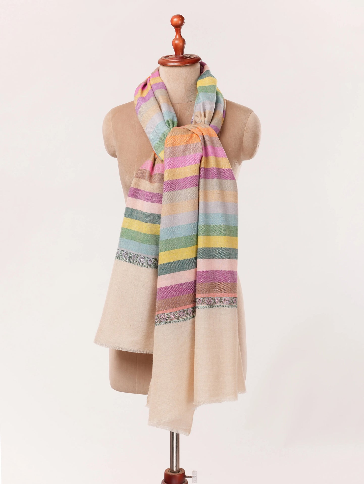Kashmiri Handwoven Soft Stripe Pashmina Shawl with Hashia Embroidery Shahkaar.com
