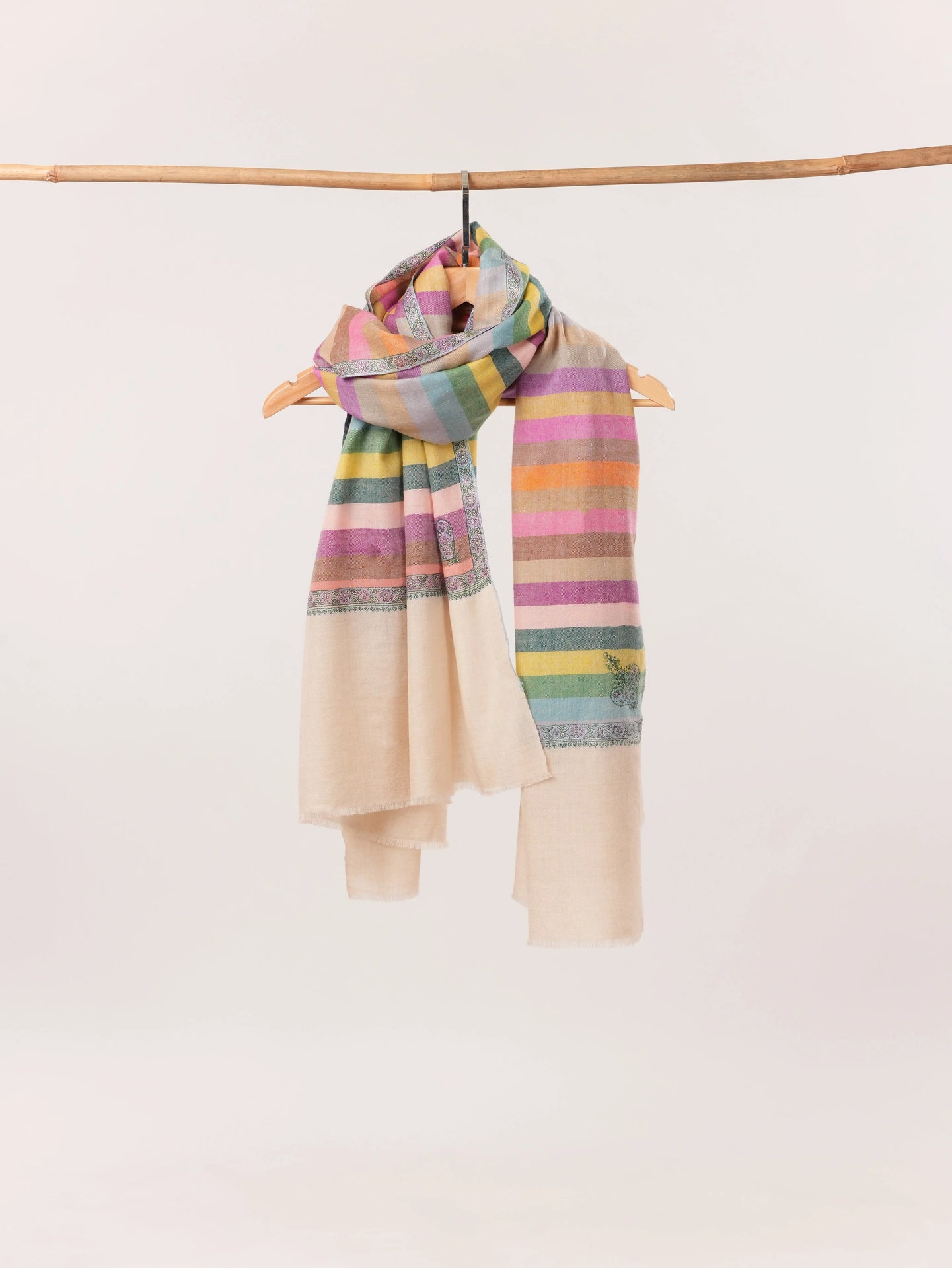 Kashmiri Handwoven Soft Stripe Pashmina Shawl with Hashia Embroidery Shahkaar.com