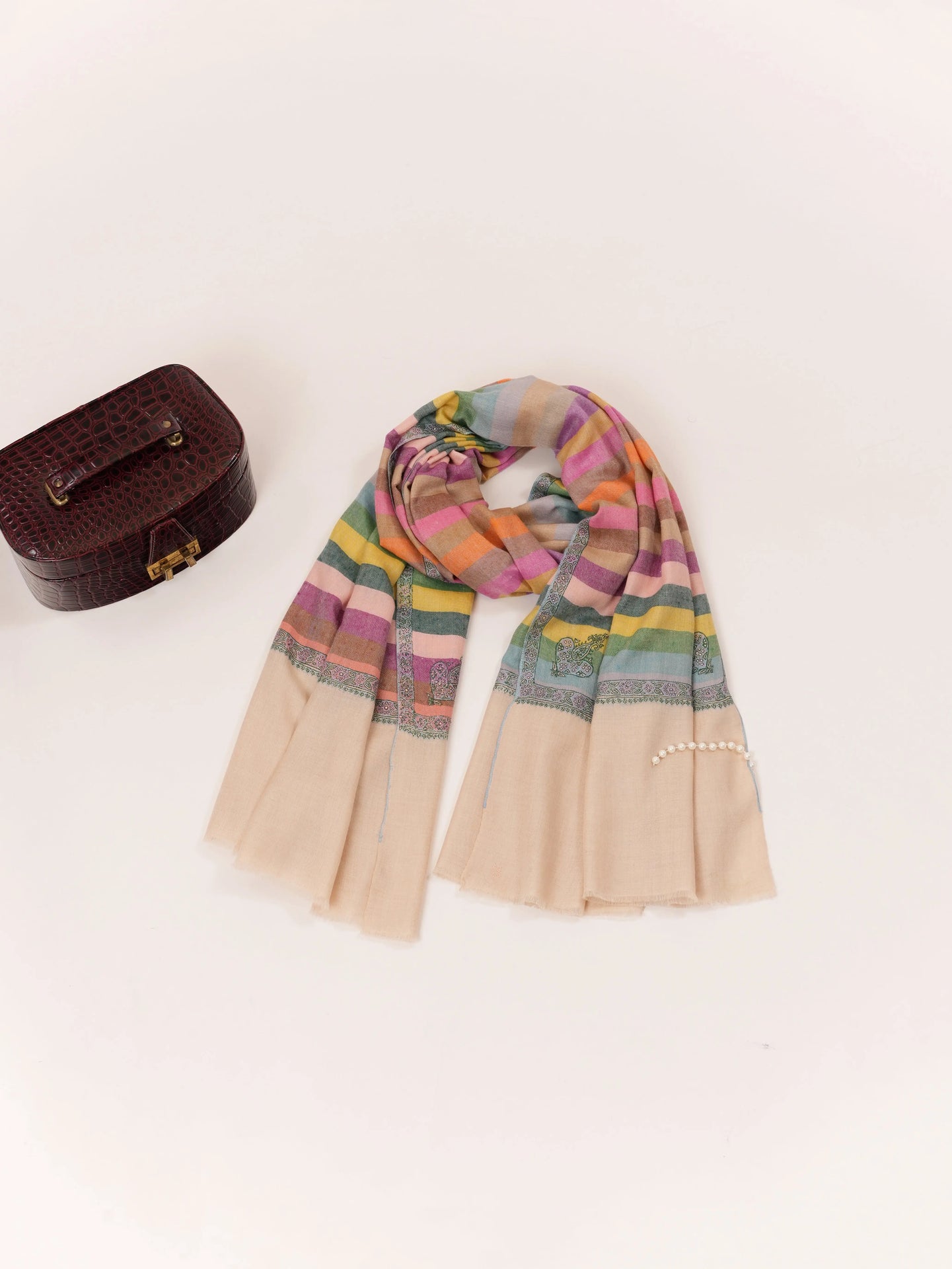 Kashmiri Handwoven Soft Stripe Pashmina Shawl with Hashia Embroidery Shahkaar.com