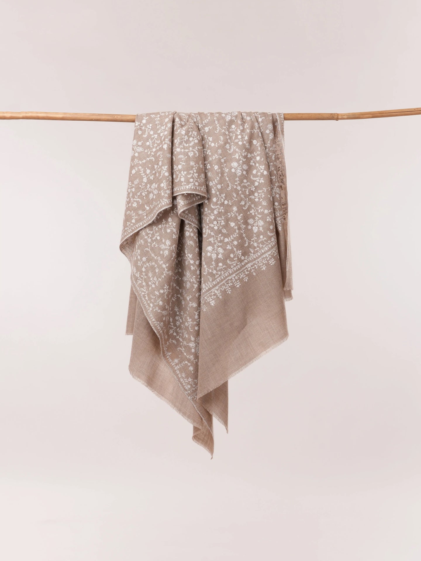 Natural Taupe Soft Pashmina Shawl with White Hand Embroidery Shahkaar.com