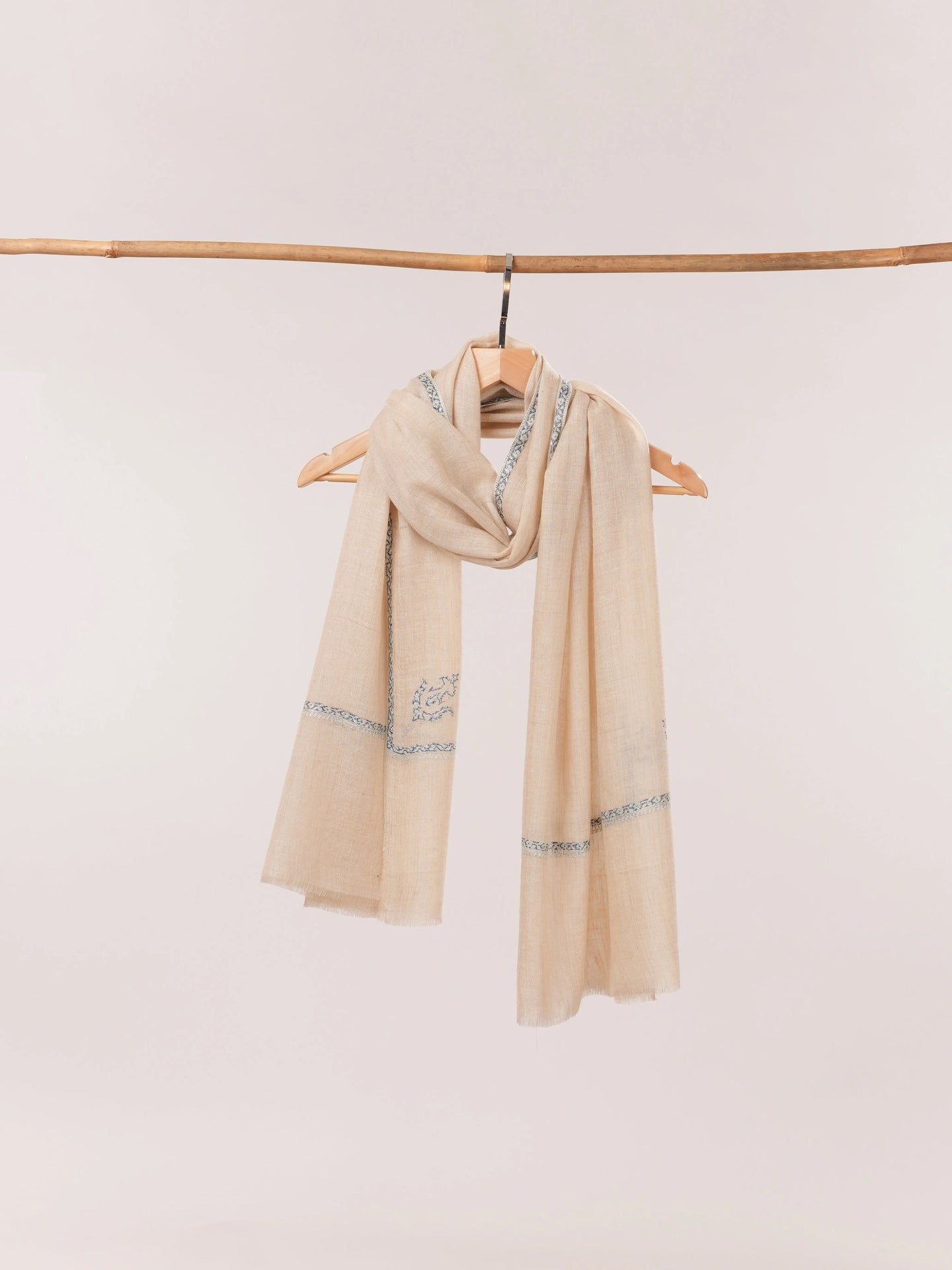 Natural Off White Hand Embroidered Authentic Cashmere Scarf Shahkaar.com