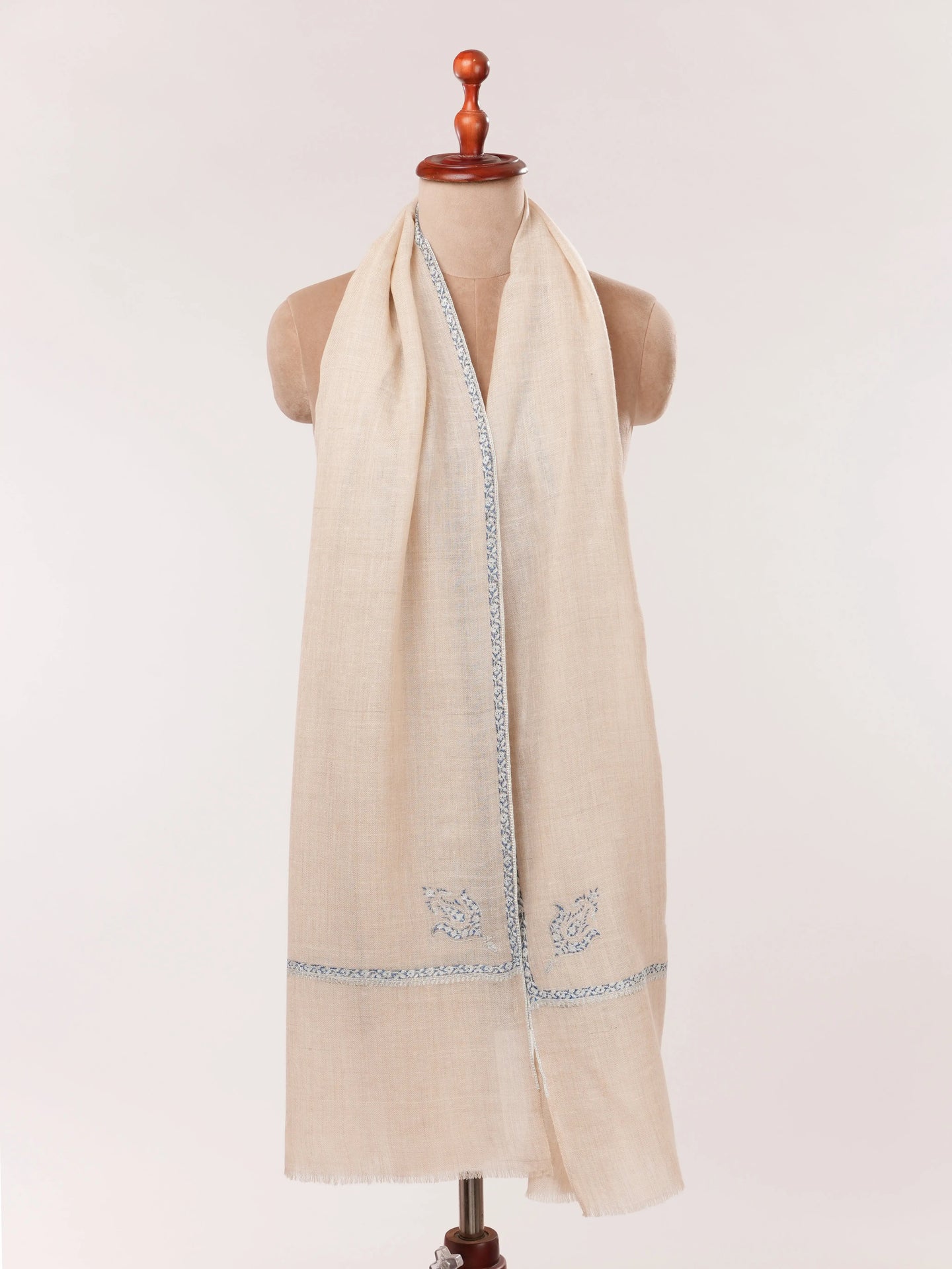 Natural Off White Hand Embroidered Authentic Cashmere Scarf Shahkaar.com