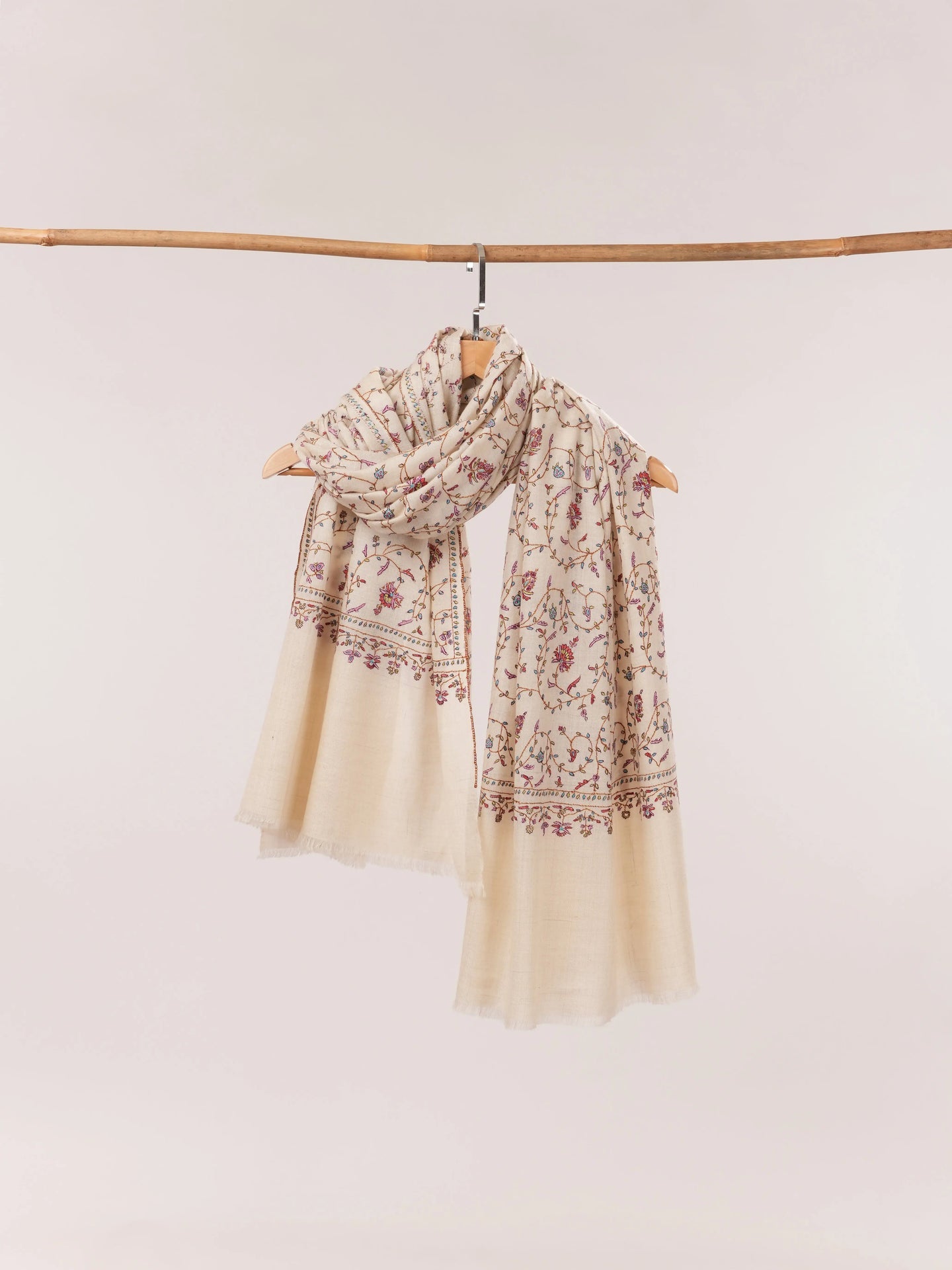 Natural Off White Hand Embroidered Sozni Jali Pashmina Shawl Shahkaar.com