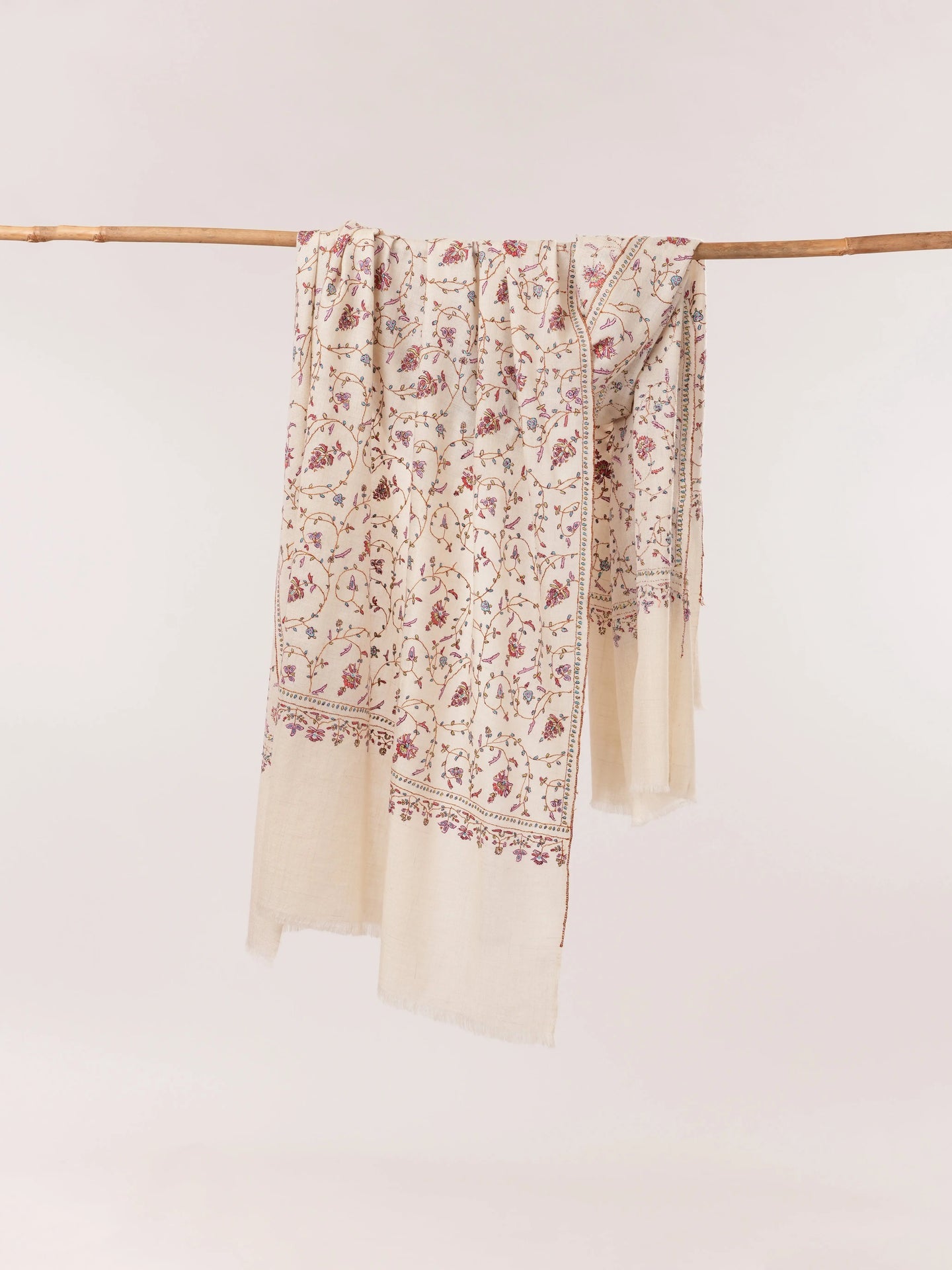 Natural Off White Hand Embroidered Sozni Jali Pashmina Shawl Shahkaar.com