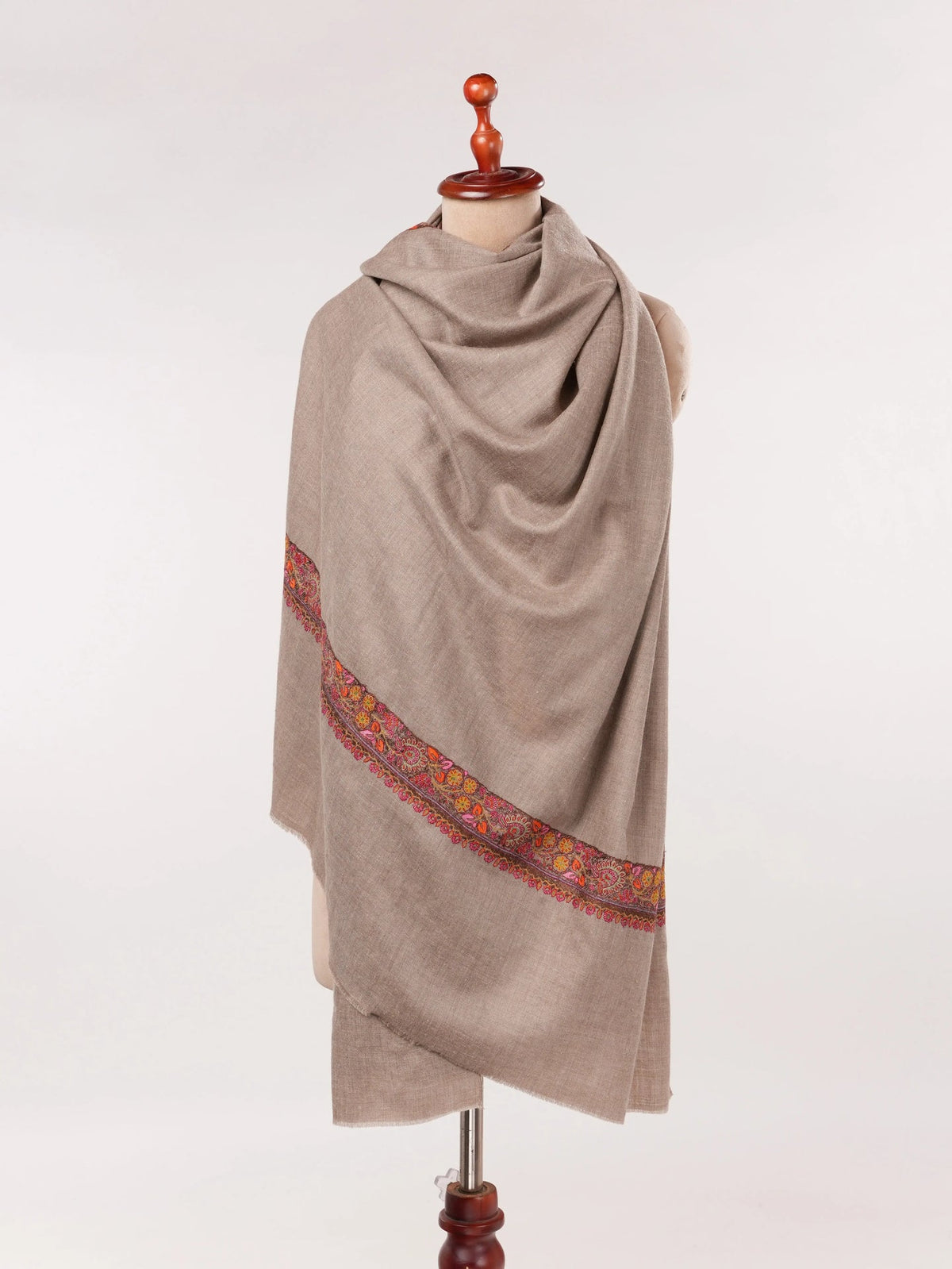 Natural Taupe Featherlight Handwoven Pashmina Shawl with Neemdaur Embroidery Shahkaar.com
