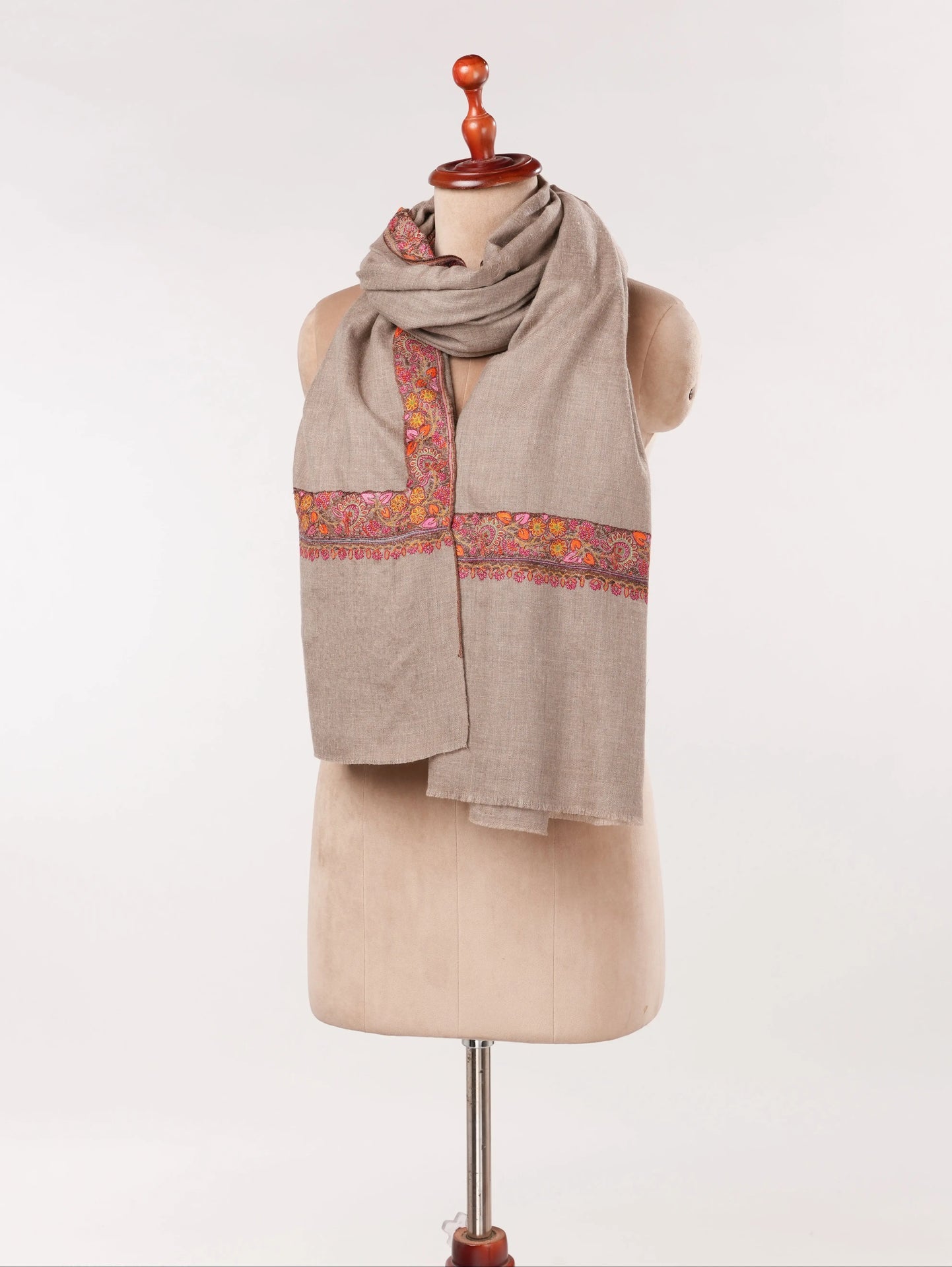 Natural Taupe Featherlight Handwoven Pashmina Shawl with Neemdaur Embroidery Shahkaar.com