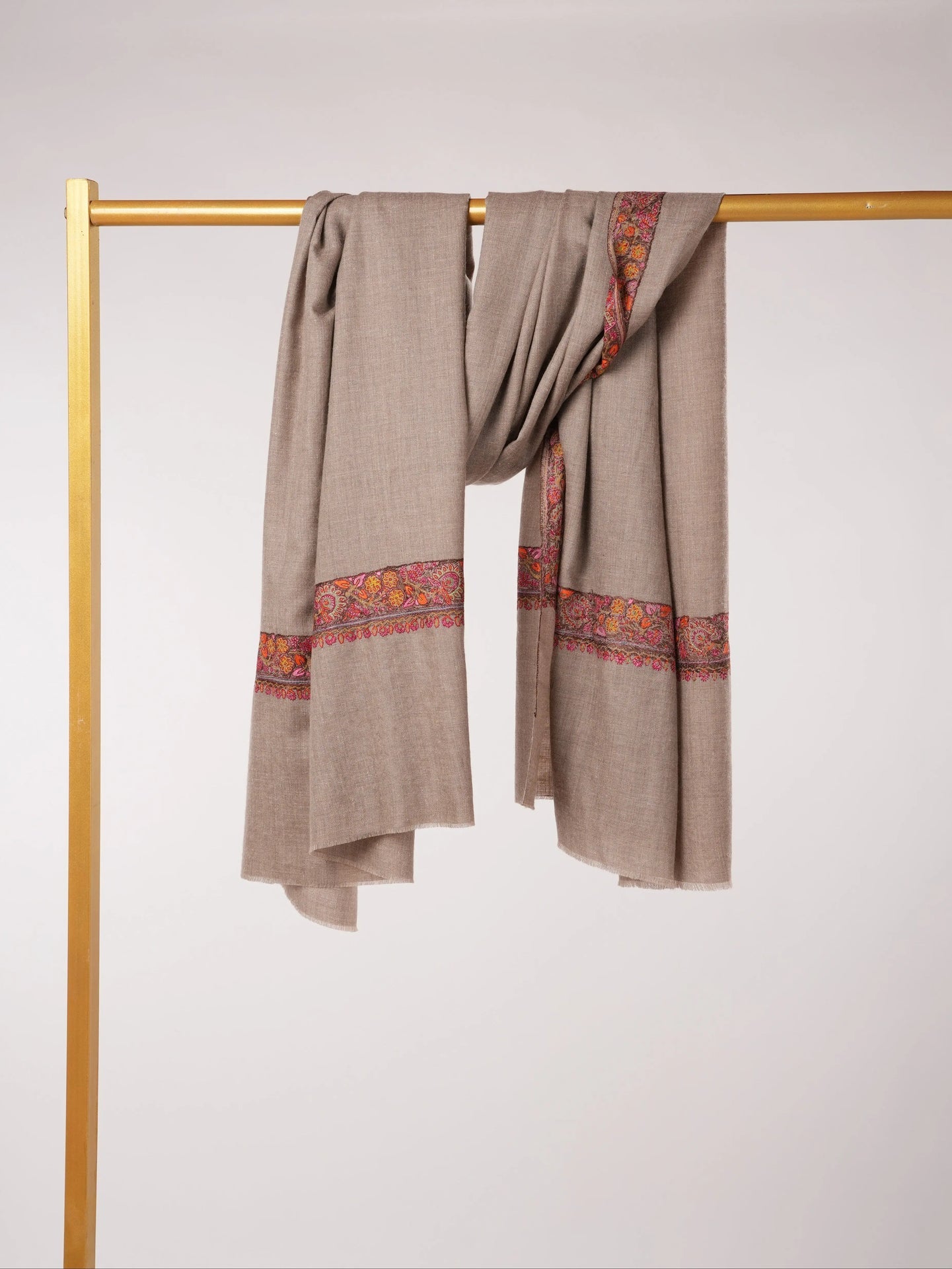 Natural Taupe Featherlight Handwoven Pashmina Shawl with Neemdaur Embroidery Shahkaar.com