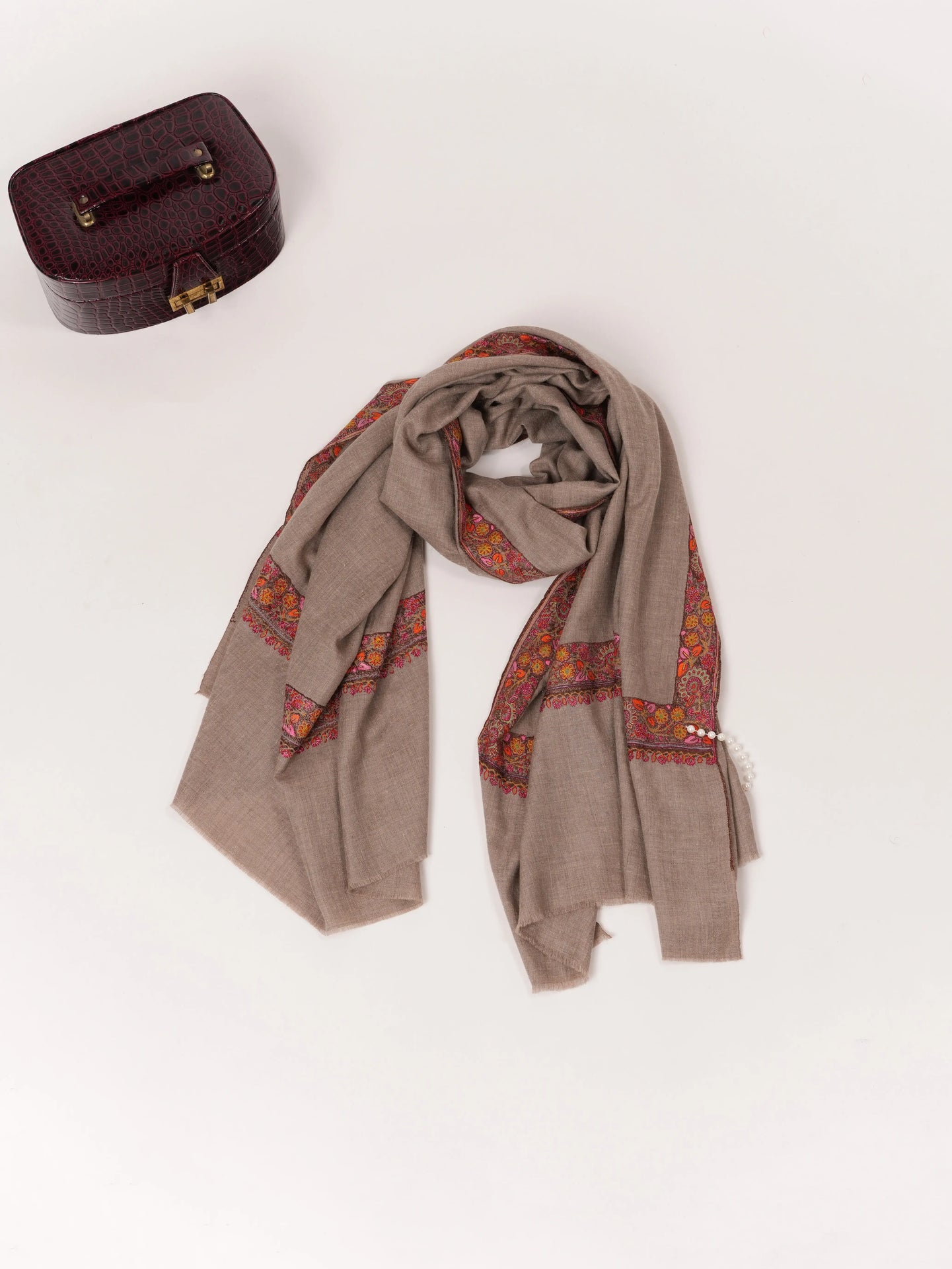 Natural Taupe Featherlight Handwoven Pashmina Shawl with Neemdaur Embroidery Shahkaar.com