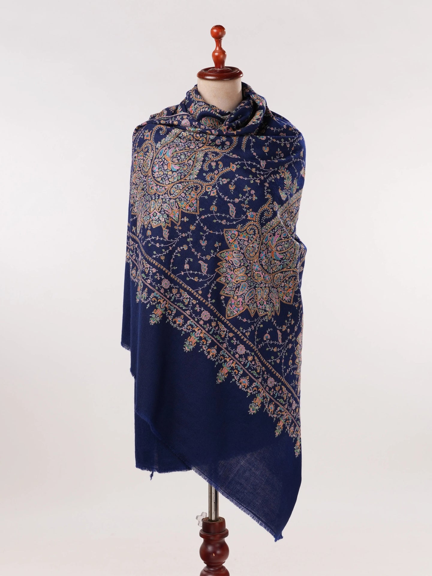 Navy Blue Jali Sozni Hand Embroidered Pure Handwoven Pashmina Shawl Shahkaar.com