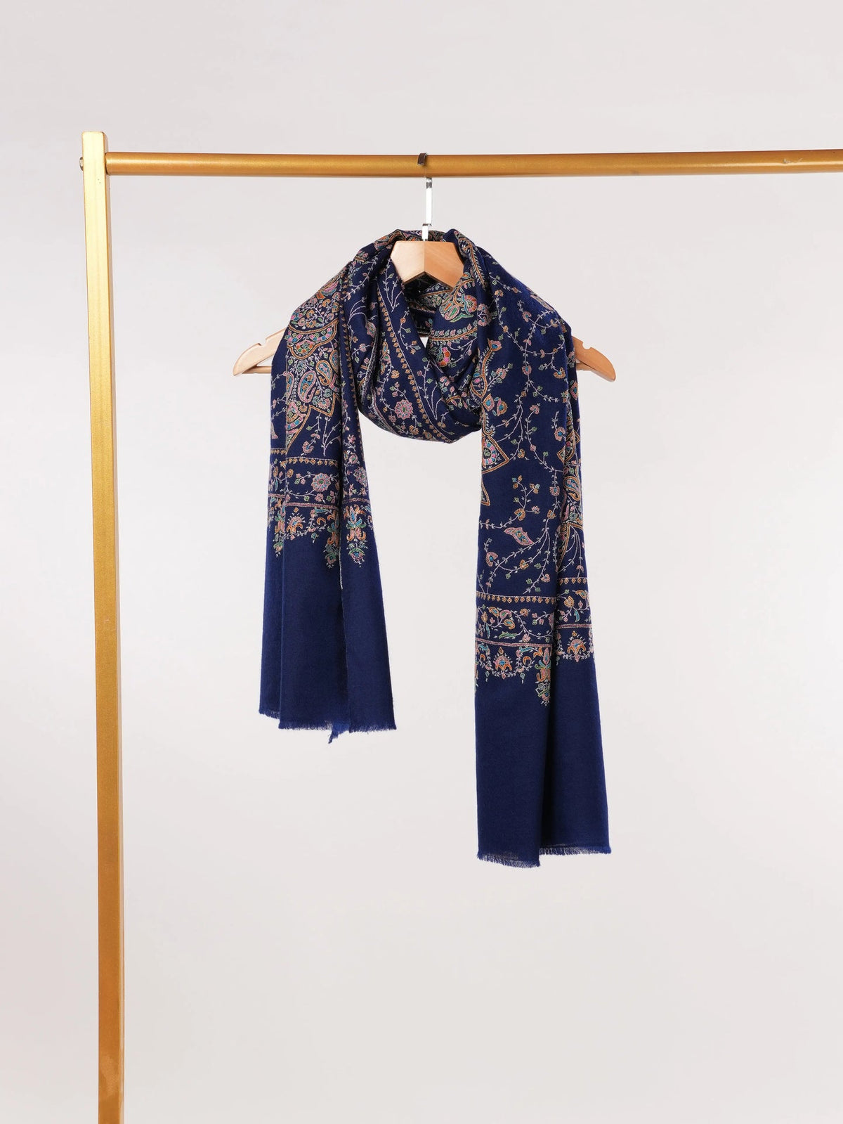 Navy Blue Jali Sozni Hand Embroidered Pure Handwoven Pashmina Shawl Shahkaar.com