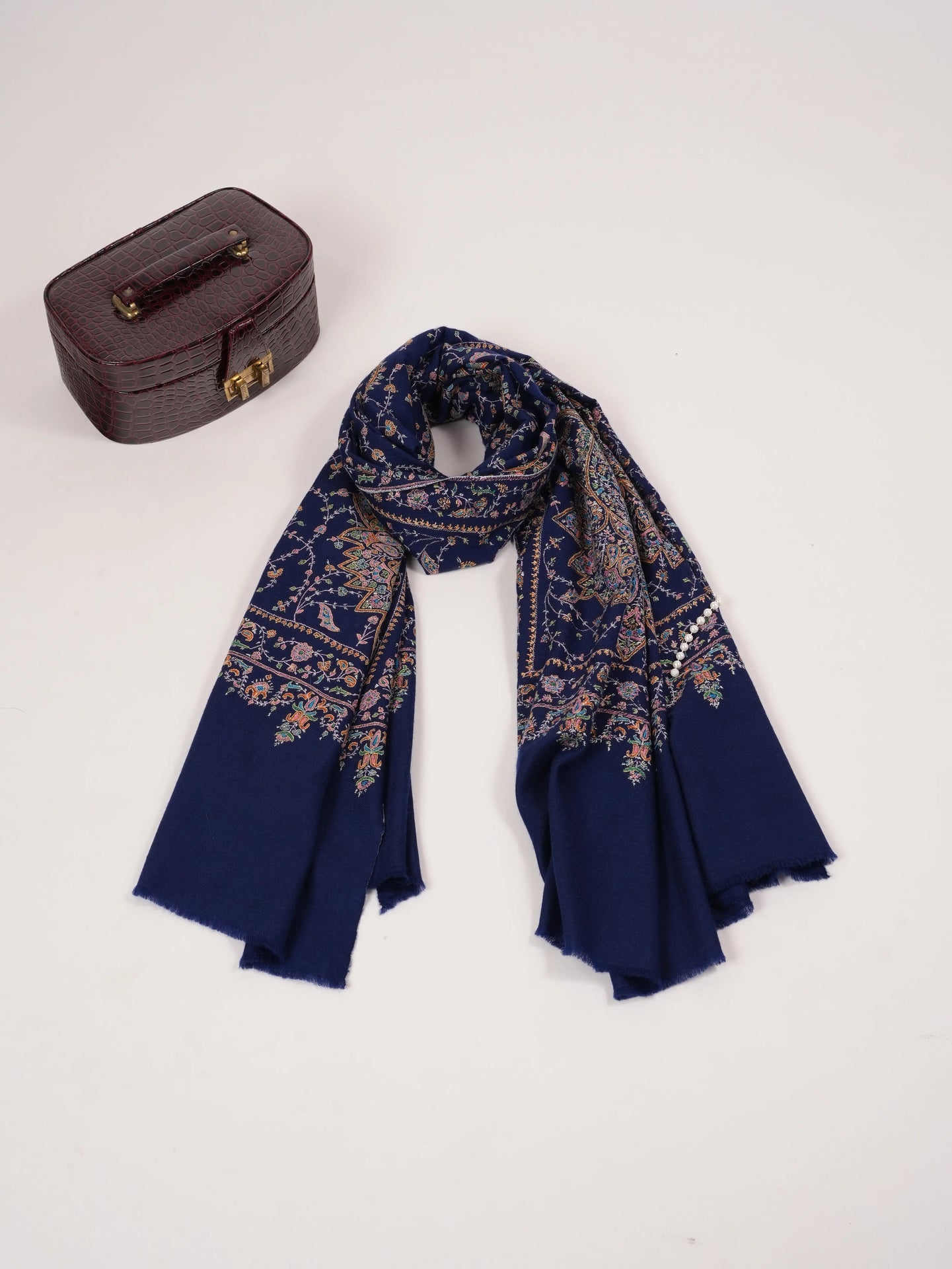 Navy Blue Jali Sozni Hand Embroidered Pure Handwoven Pashmina Shawl Shahkaar.com
