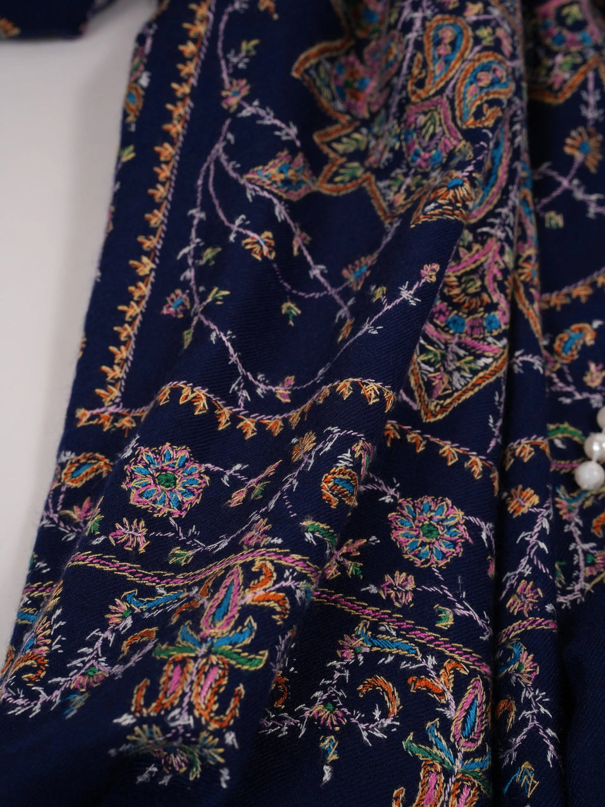 Navy Blue Jali Sozni Hand Embroidered Pure Handwoven Pashmina Shawl Shahkaar.com