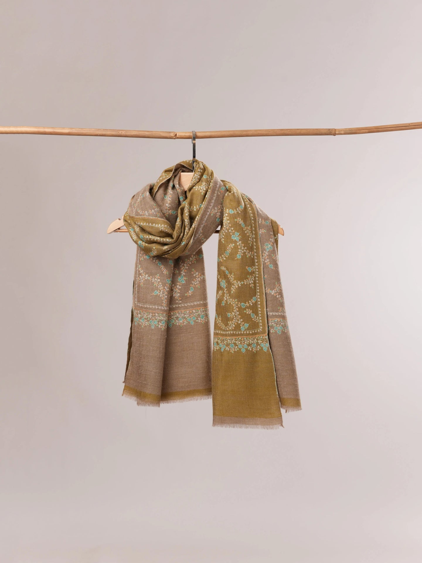 Soft Grey and Natural Taupe Dual Tone Pashmina with Hand Embroidery Shahkaar.com