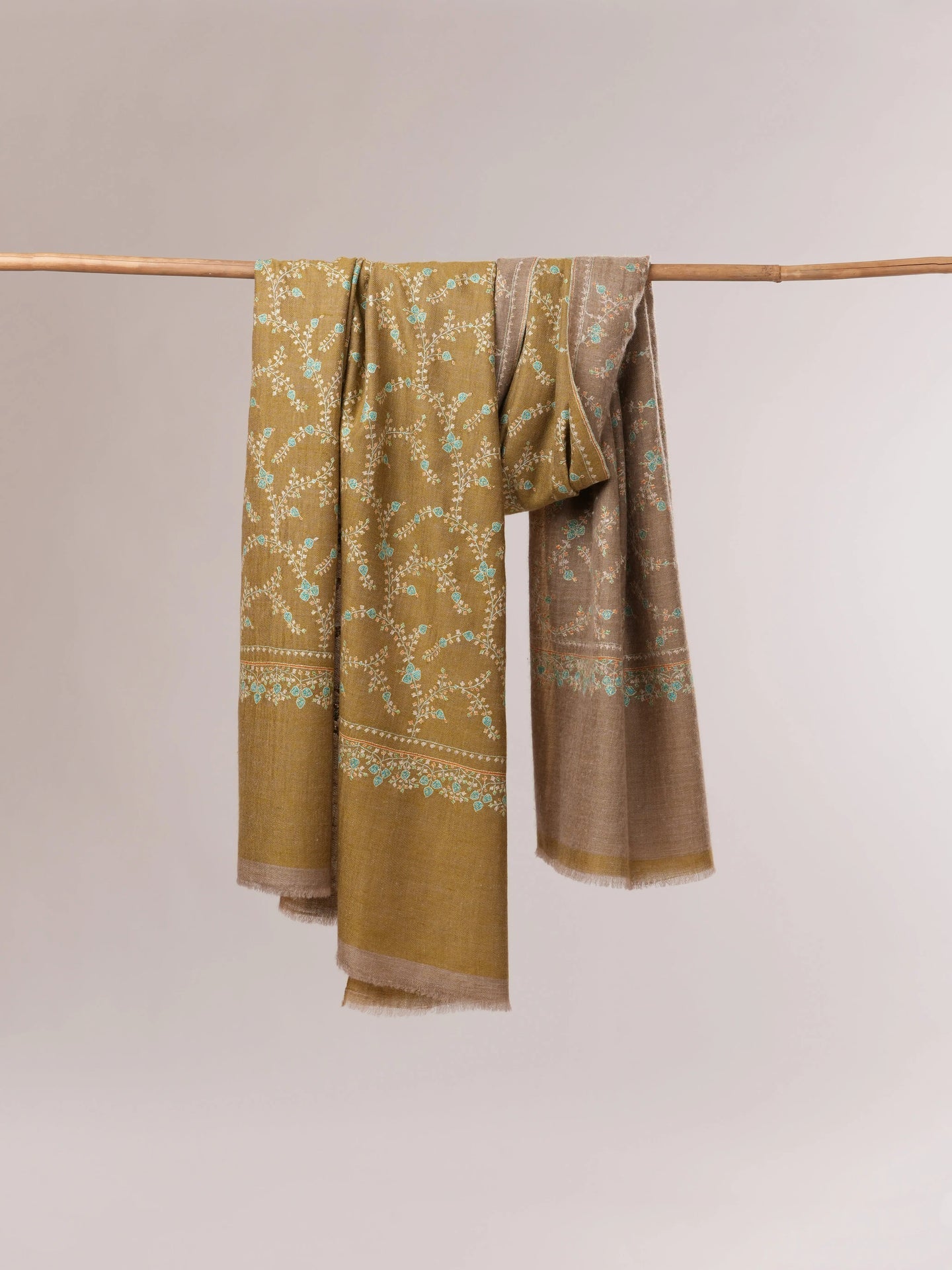 Soft Grey and Natural Taupe Dual Tone Pashmina with Hand Embroidery Shahkaar.com
