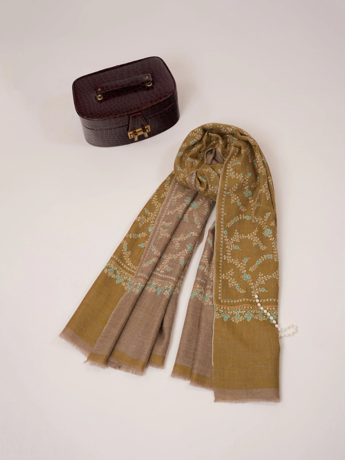 Soft Grey and Natural Taupe Dual Tone Pashmina with Hand Embroidery Shahkaar.com