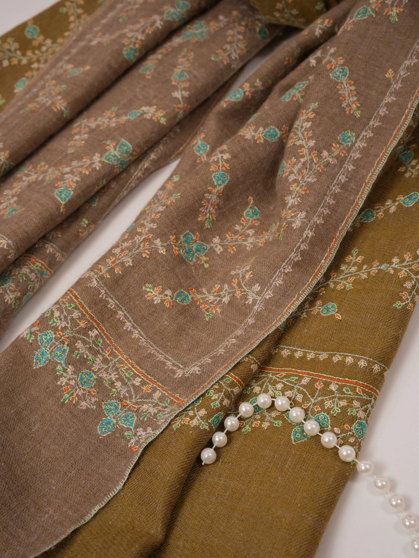 Soft Grey and Natural Taupe Dual Tone Pashmina with Hand Embroidery Shahkaar.com