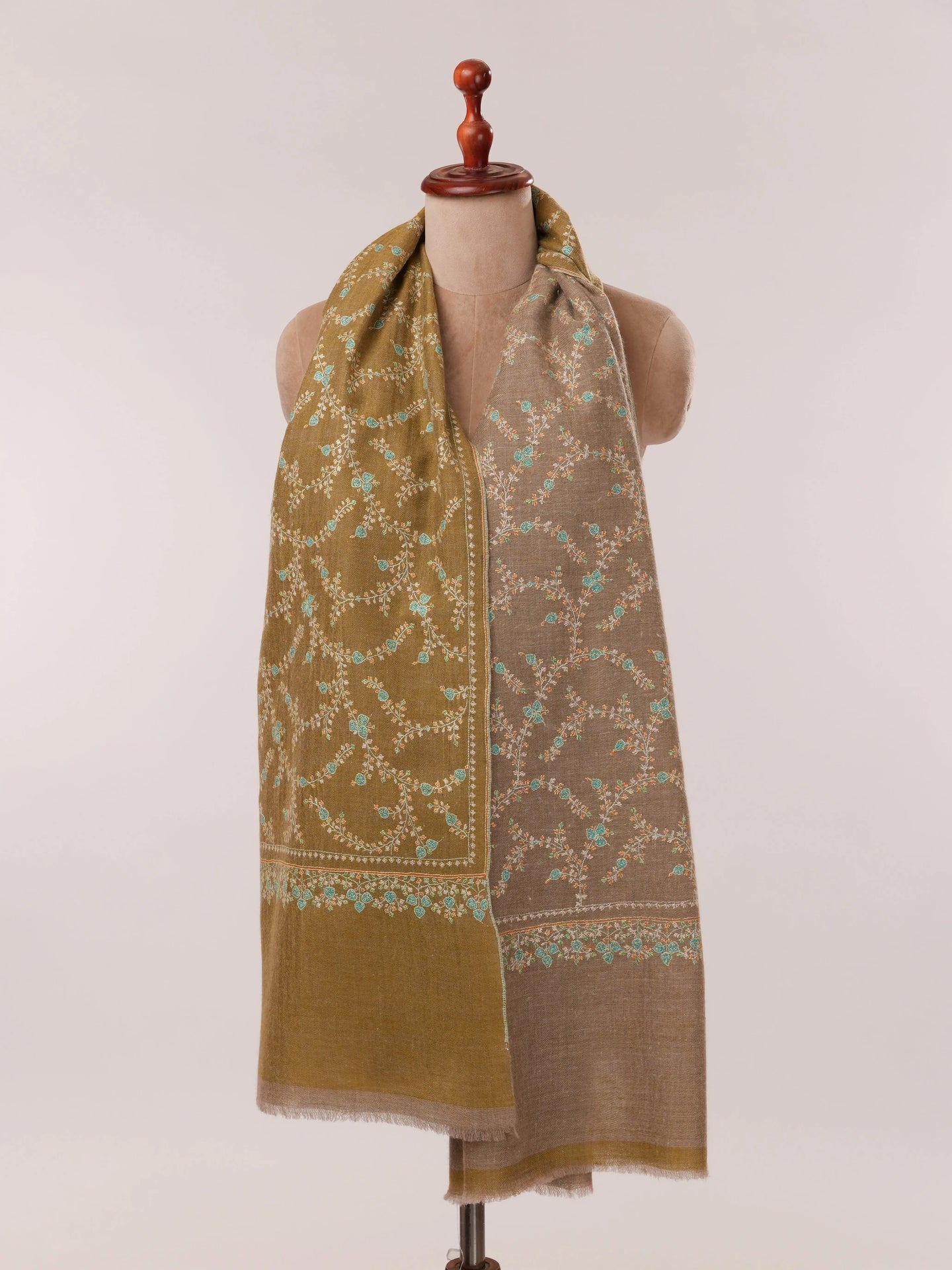 Soft Grey and Natural Taupe Dual Tone Pashmina with Hand Embroidery Shahkaar.com