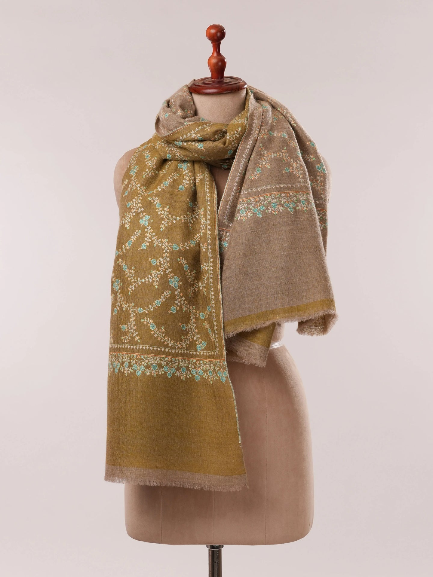 Soft Grey and Natural Taupe Dual Tone Pashmina with Hand Embroidery Shahkaar.com