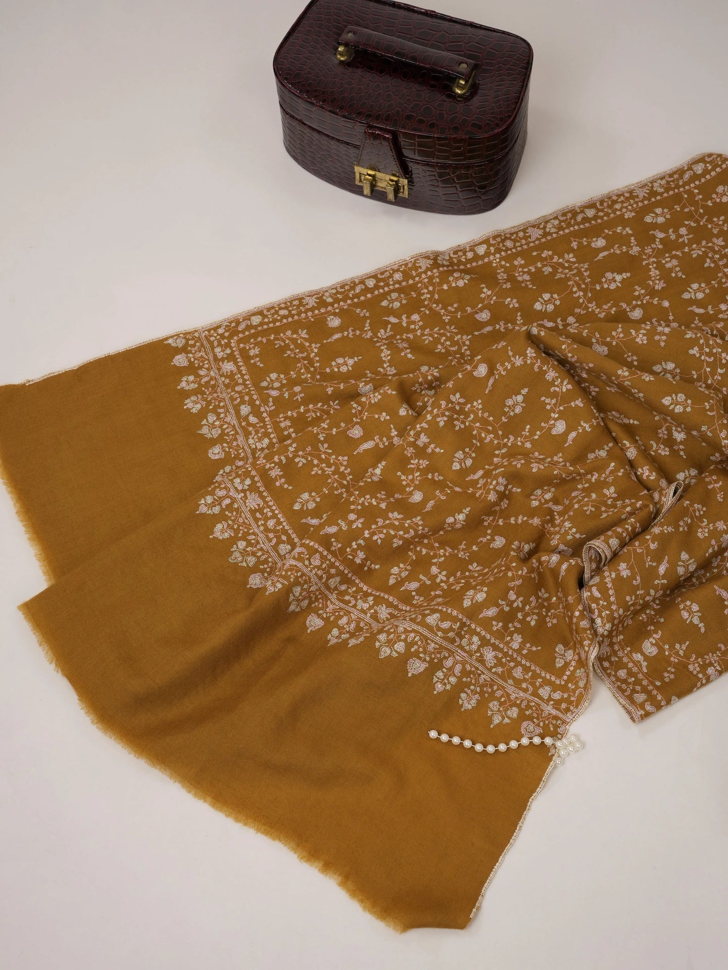 Mustard Pashmina Shawl with All Over Jali Hand Embroidery Shahkaar.com