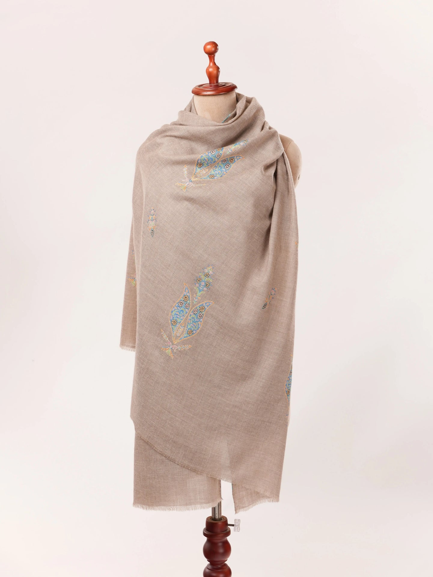 Luxurious Butidar Handwoven Kashmiri Pashmina Natural Taupe Shawl with Hand Sozni Embroidery Shahkaar.com