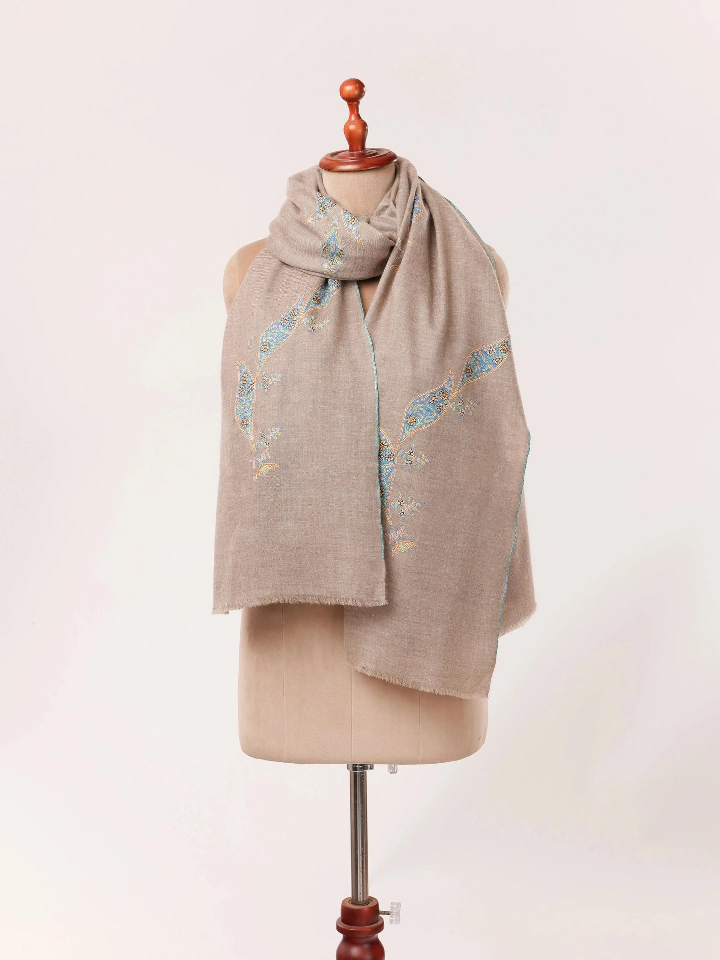Luxurious Butidar Handwoven Kashmiri Pashmina Natural Taupe Shawl with Hand Sozni Embroidery Shahkaar.com