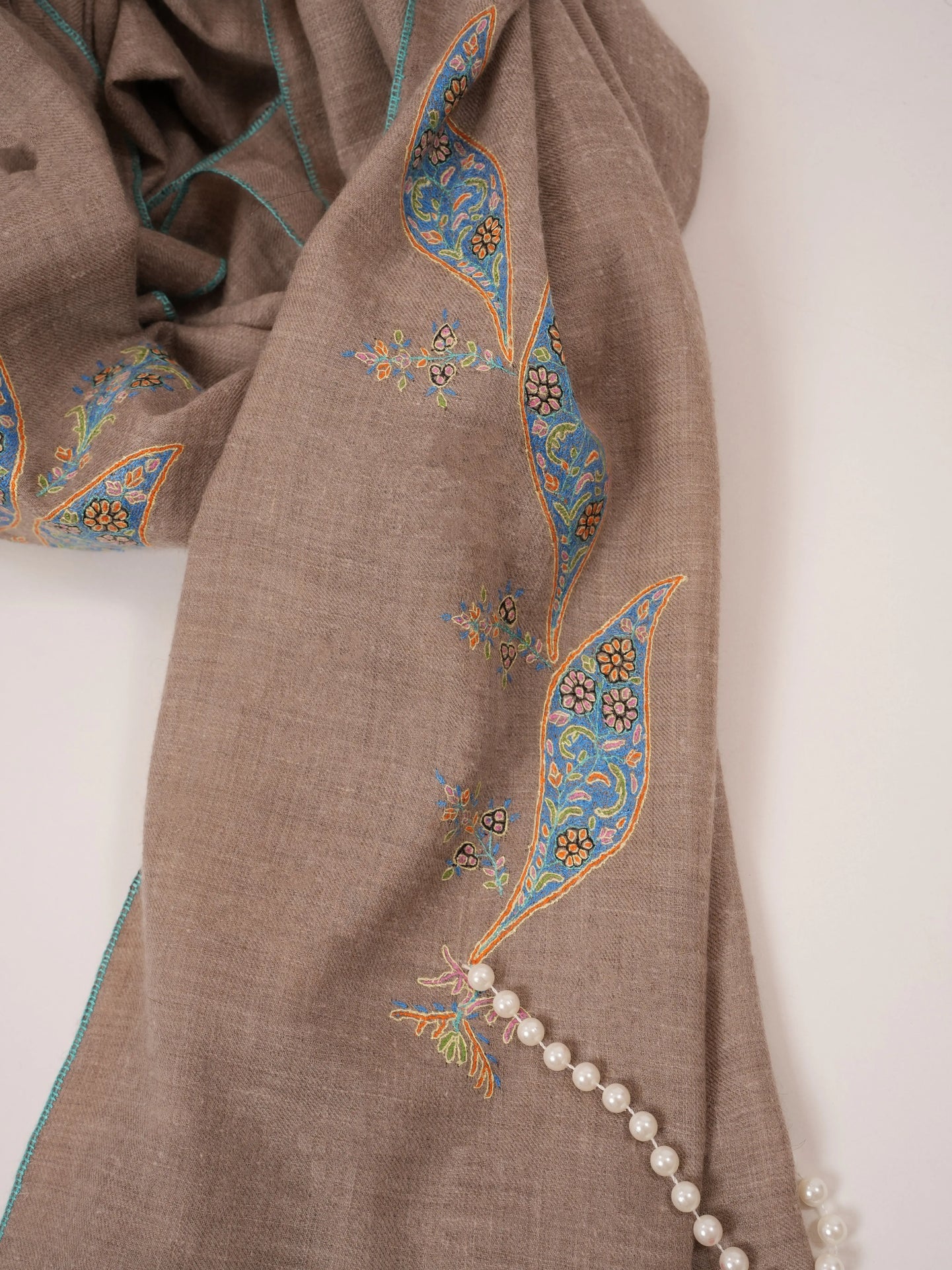 Luxurious Butidar Handwoven Kashmiri Pashmina Natural Taupe Shawl with Hand Sozni Embroidery Shahkaar.com