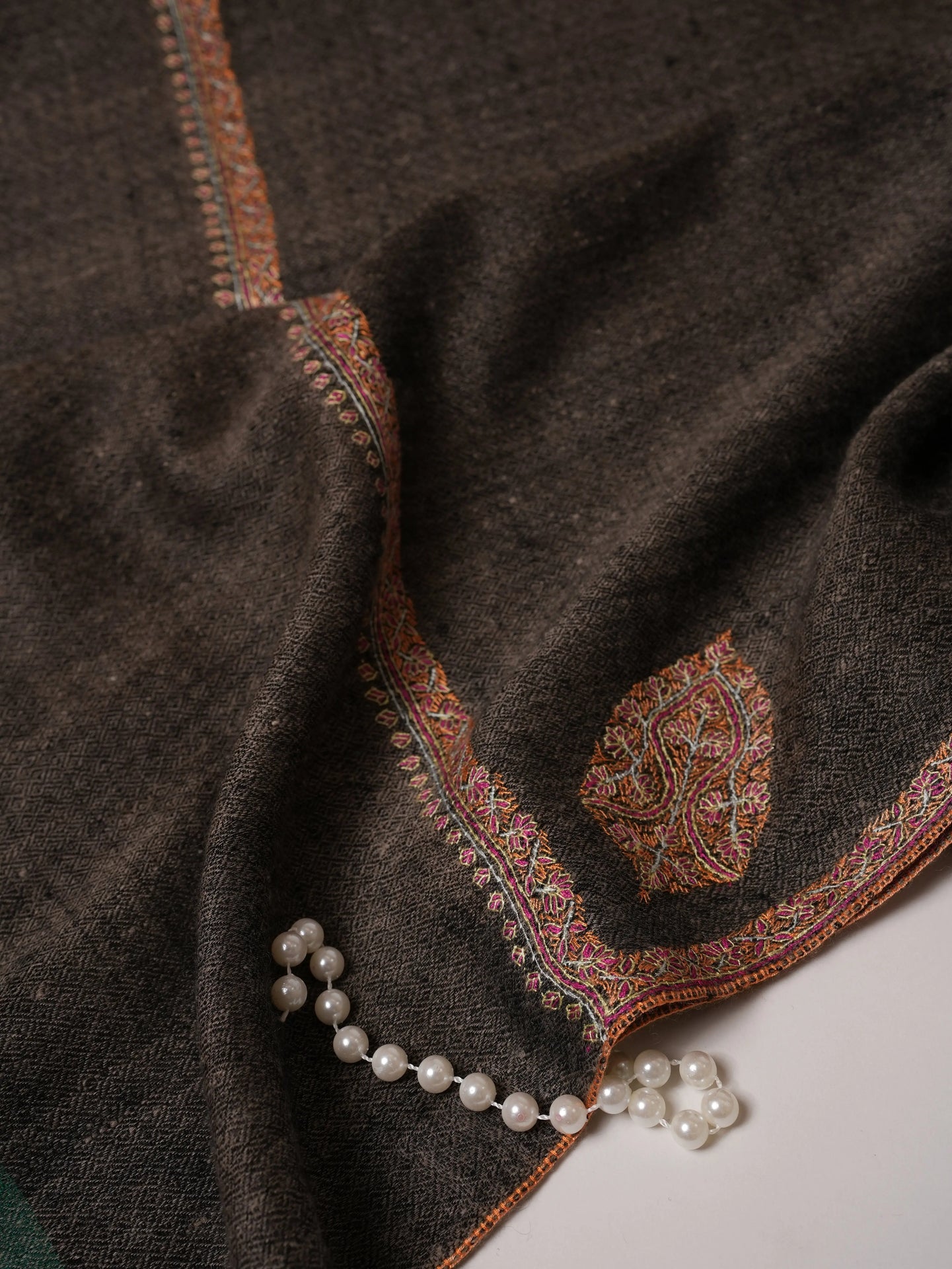 Black Pashmina Shawl with Bail Classic Hand Embroidery Shahkaar.com