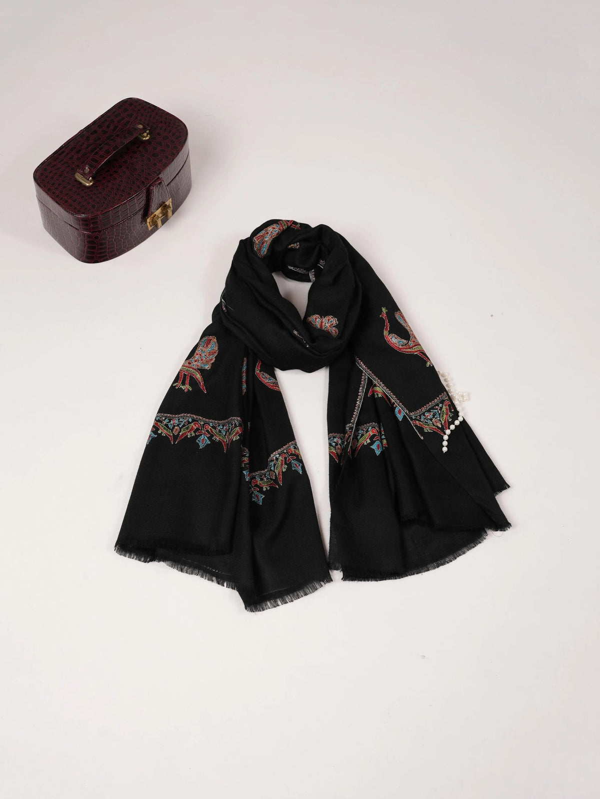 Black Handwoven Pashmina Shawl with Peacock Buteh Hand Embroidery