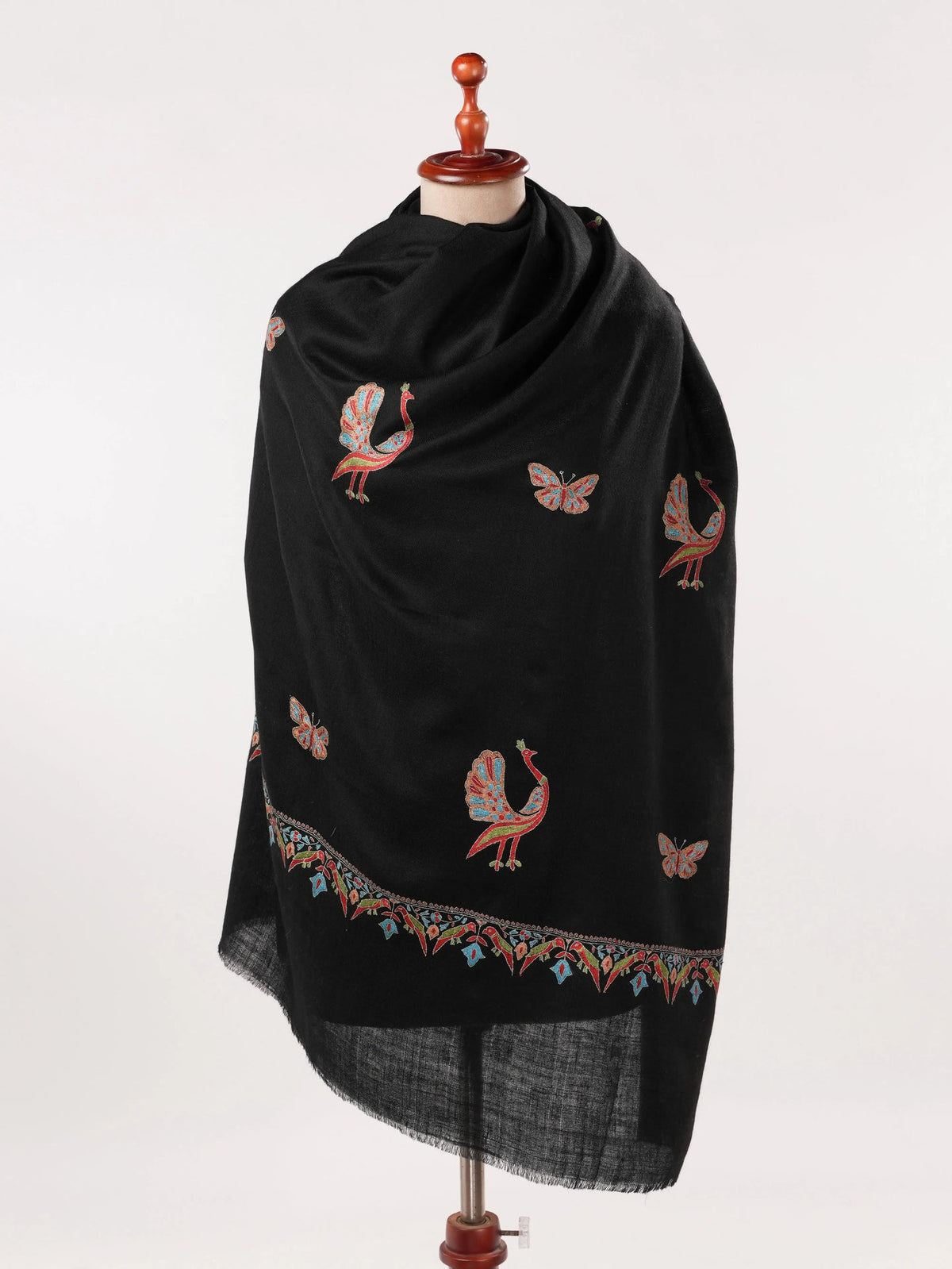 Black Handwoven Pashmina Shawl with Peacock Buteh Hand Embroidery