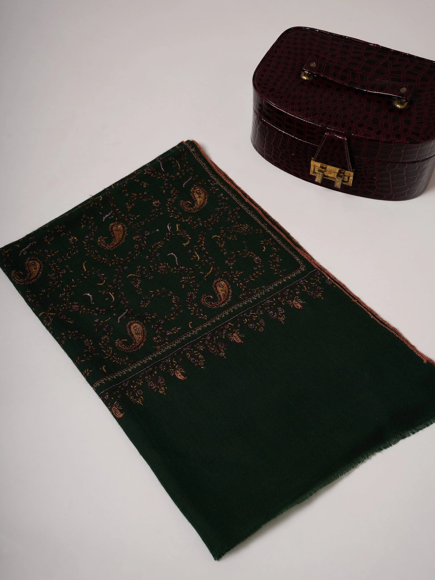 Dark Green Baby Soft Cashmere Scarf with All-Over Hand Embroidery Shahkaar