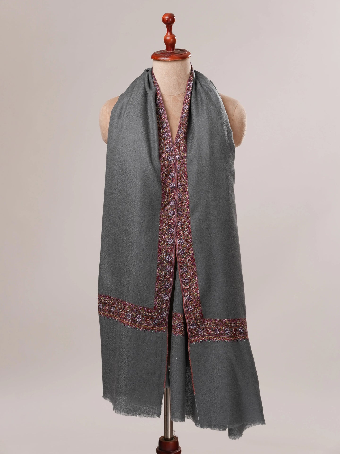Grey Pure Pashmina Shawl with Neemdaur Hand Embroidery Shahkaar.com