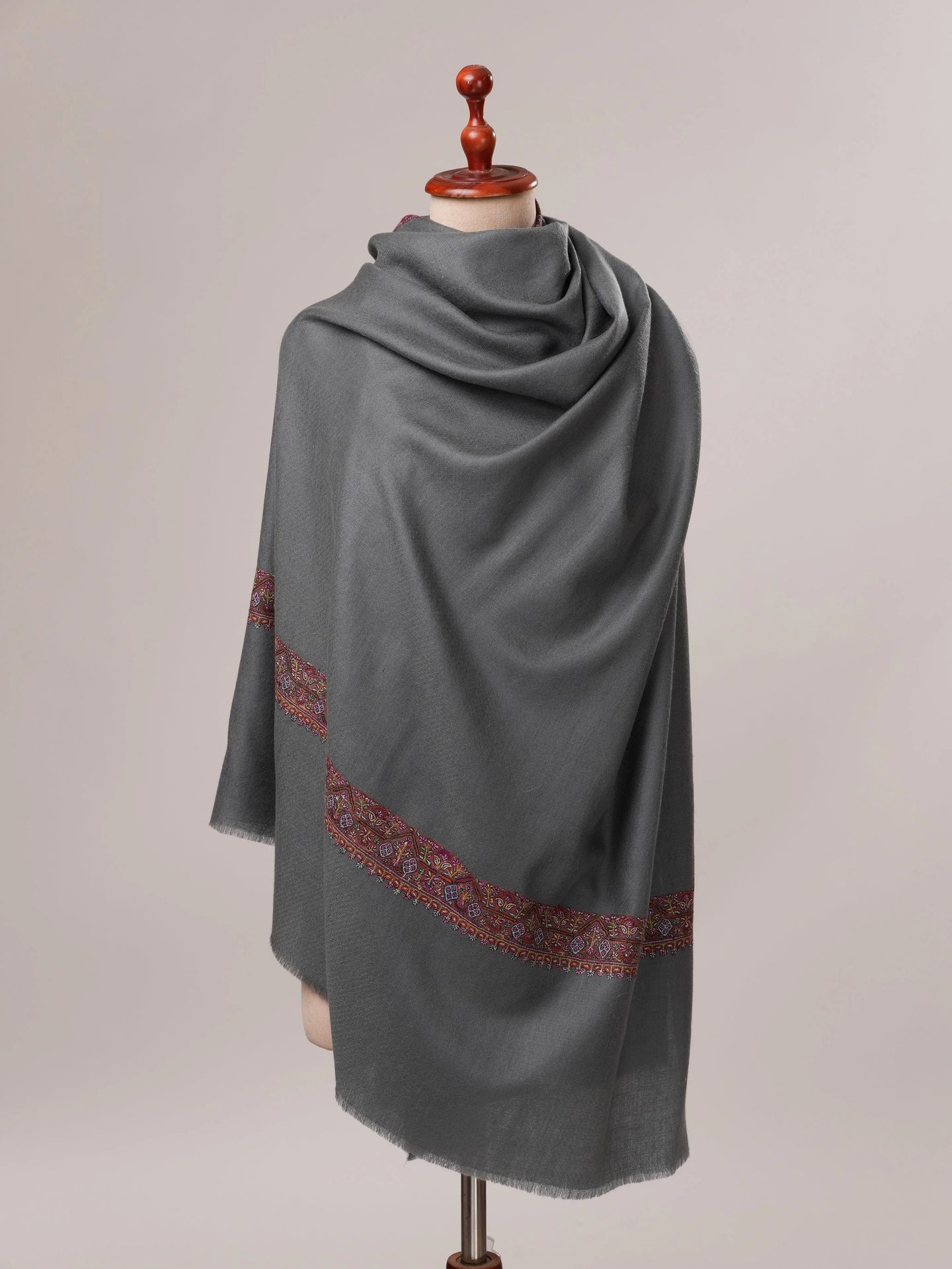 Grey Pure Pashmina Shawl with Neemdaur Hand Embroidery Shahkaar.com