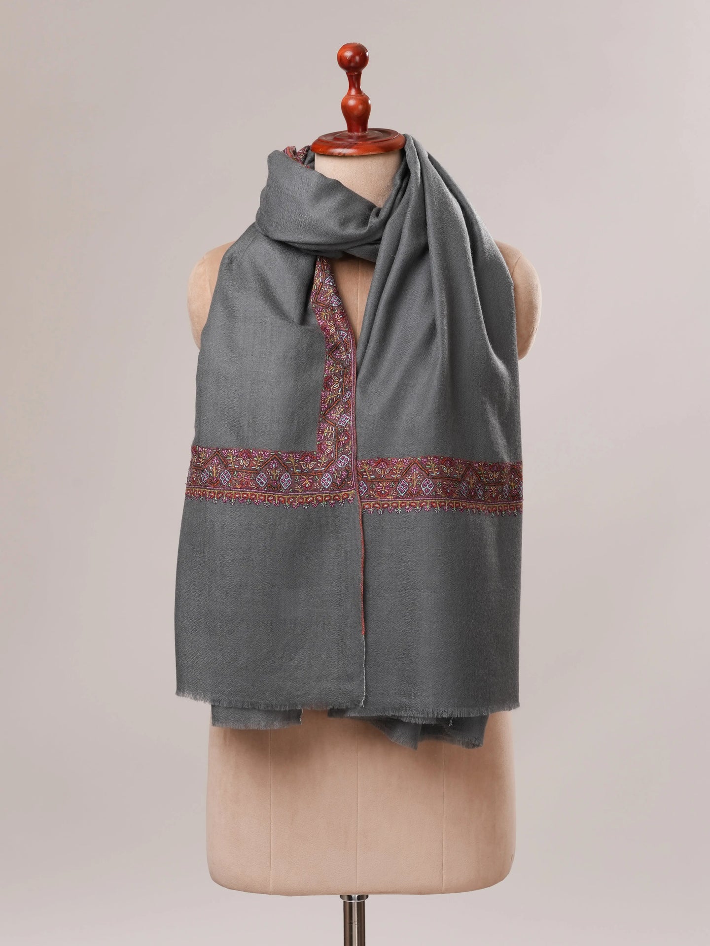 Grey Pure Pashmina Shawl with Neemdaur Hand Embroidery Shahkaar.com