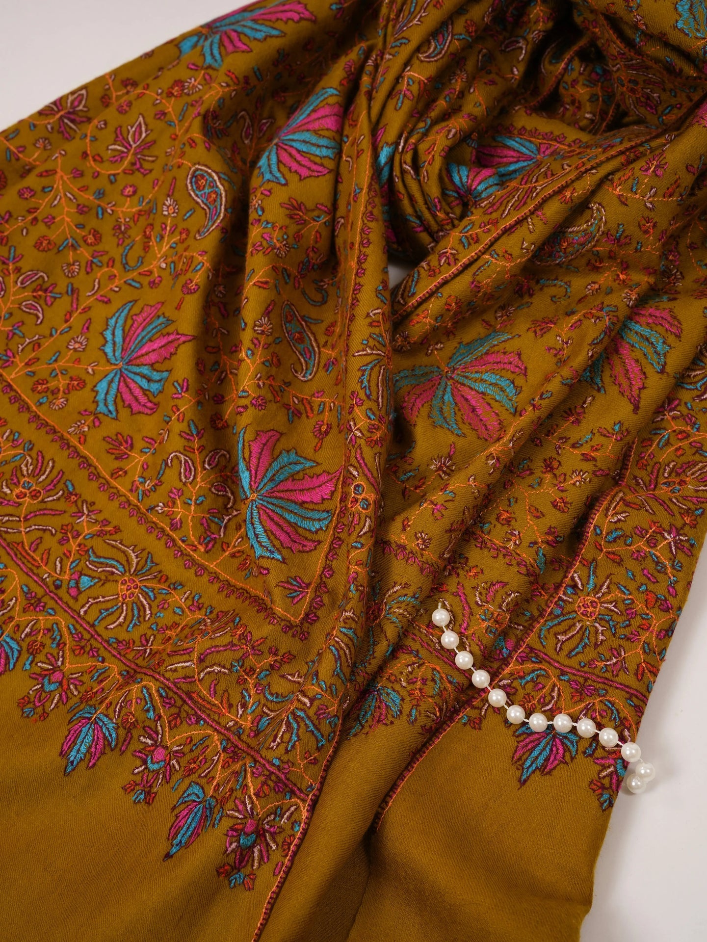 Mustard Soft Pashmina Shawl with All Over Hand Embroidery Shahkaar.com