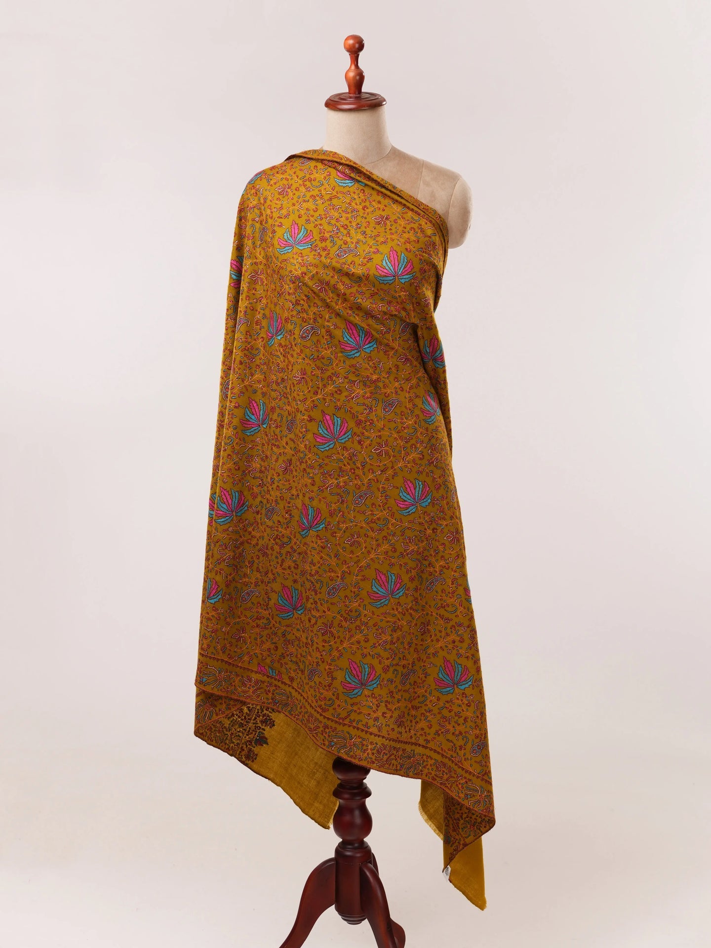 Mustard Soft Pashmina Shawl with All Over Hand Embroidery Shahkaar.com