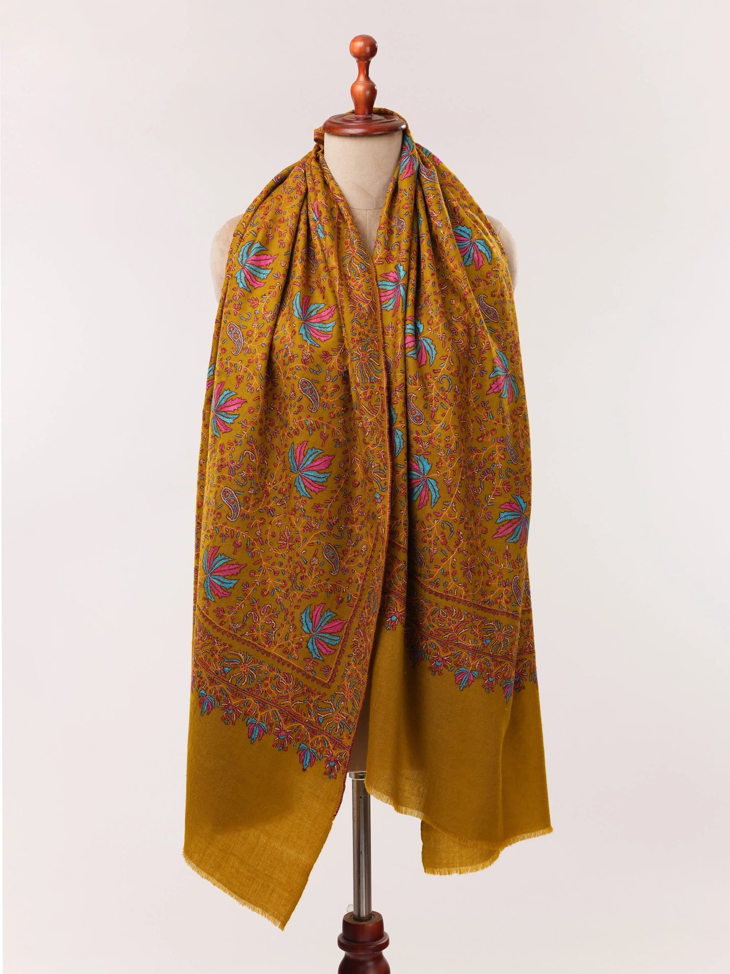 Mustard Soft Pashmina Shawl with All Over Hand Embroidery Shahkaar.com