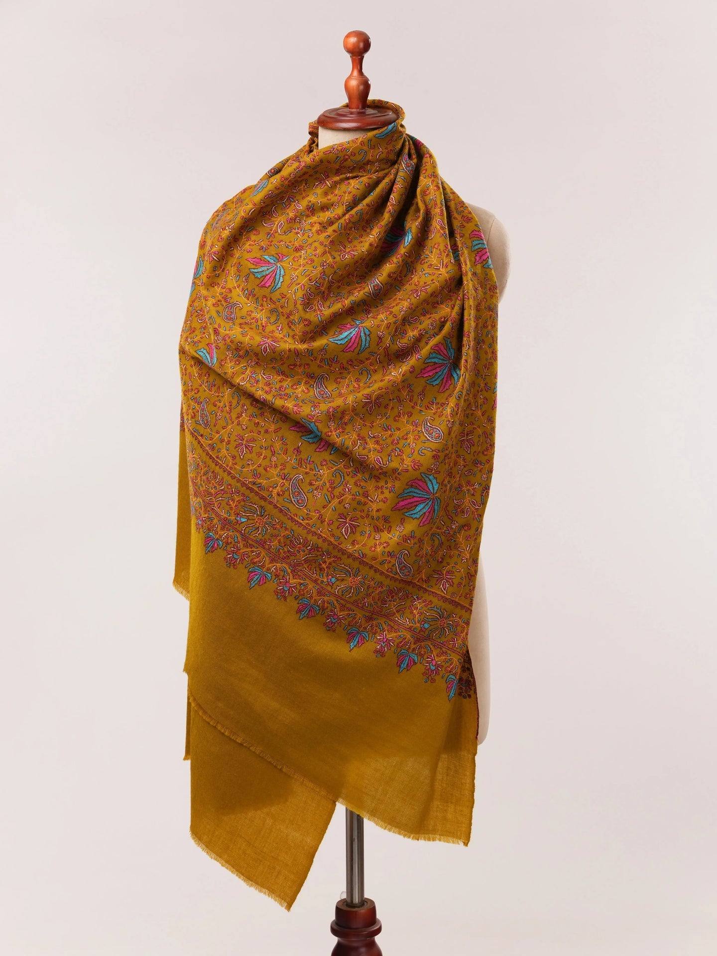 Mustard Soft Pashmina Shawl with All Over Hand Embroidery Shahkaar.com